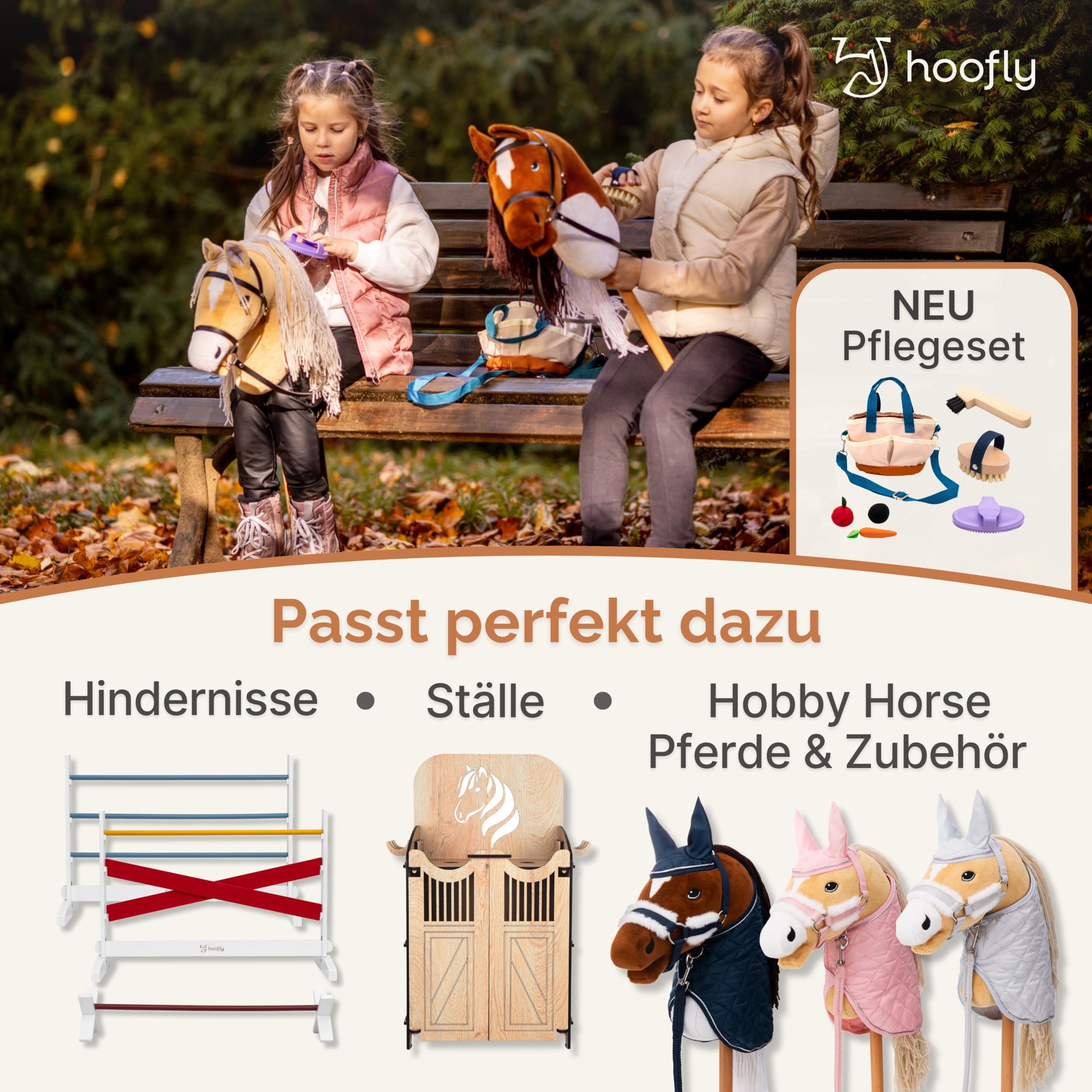 Hobby Horse Set – Großes Steckenpferd für Kinder mit Decke & Fliegenhaube | Komplettes Hobby Horsing Set mit Trense & 35 cm Schraubstab | Schwarzes Pferd – Blaues Zubehör
