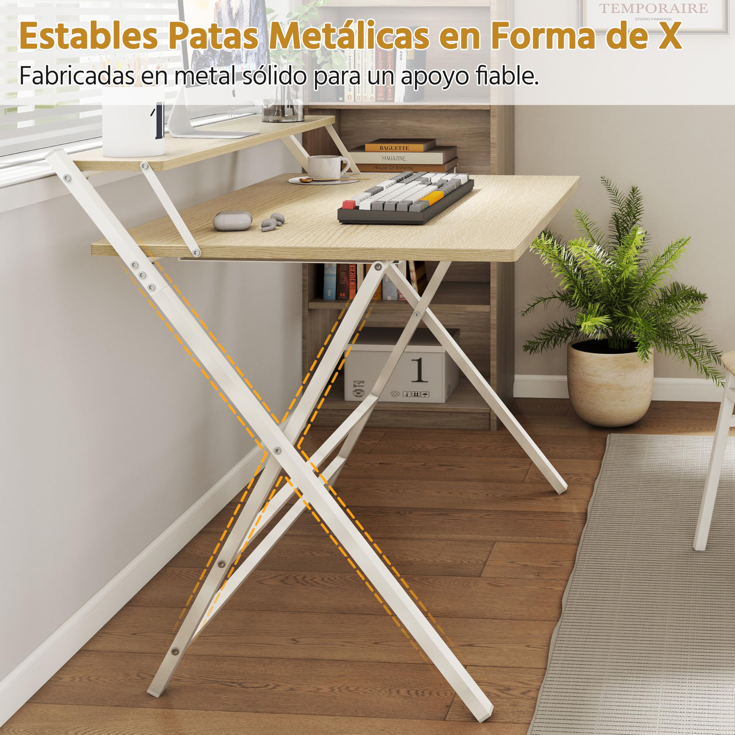 Yaheetech Escritorio de Ordenador Plegable 50x100x74.5cm con Estante de Monitor, Fácil de Plegar y desplegar, Adecuado para Dormitorio, Estudio y Salón, Beige