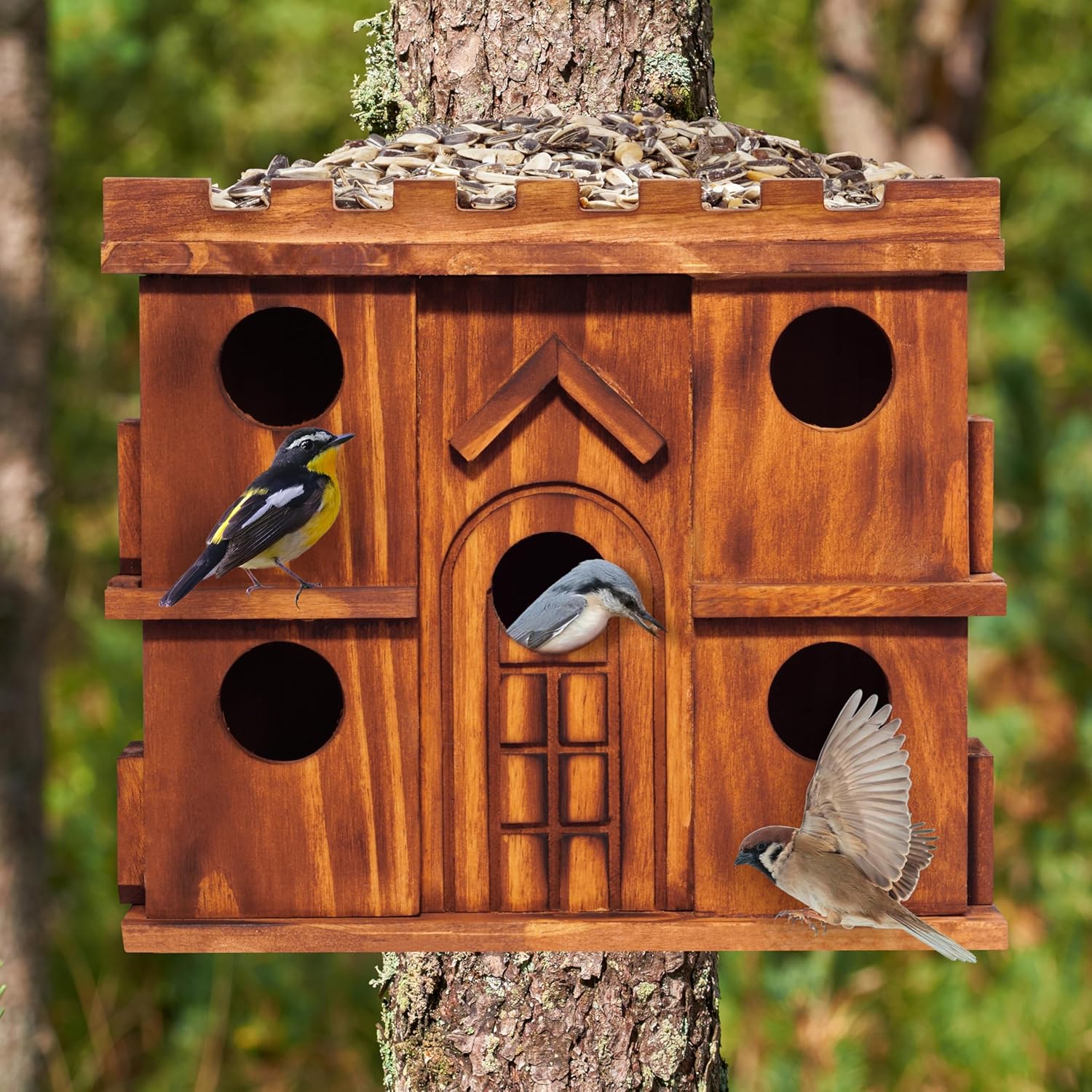 MIXUMON Wooden Bird Houses for Outside – 9 Rooms Large Bird House, Carbonized Pine Rustic Finish, 1.5" Entrance Holes, Cleaning Doors, Outdoor Birdhouse Nesting Box (Rustic, 9 Rooms)