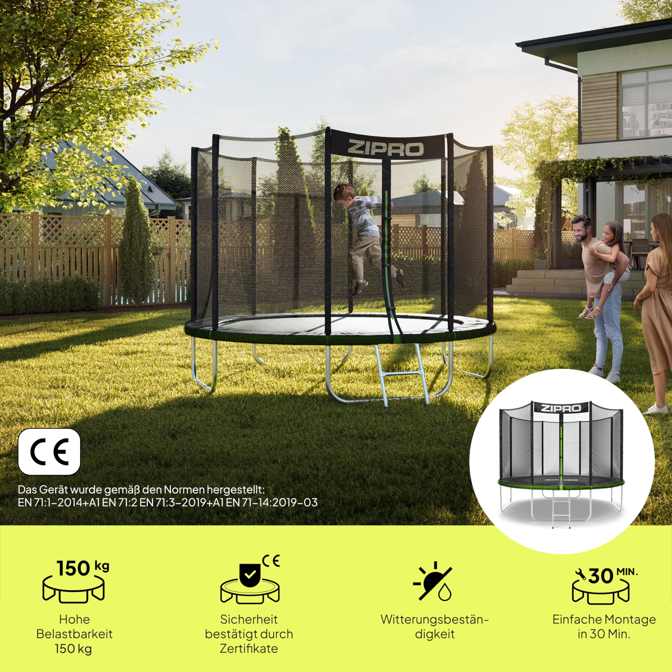 ZIPRO JumpPro Out Trampolin Outdoor, Gartentrampolin für Kinder, mit Außennetz, Wetterfest, UV-Schutz, Einfache Montage, Belastbar