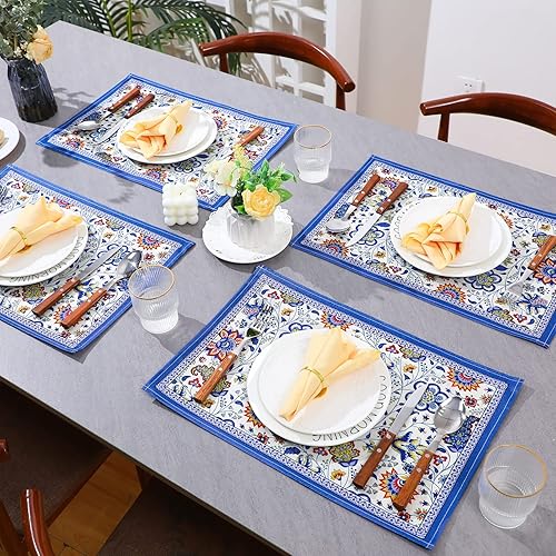 Miniatura 2 de Cunhill Juego de 6 manteles individuales para mesa de comedor, manteles individuales de lino de algodón antideslizantes, lavables, vintage, azul,