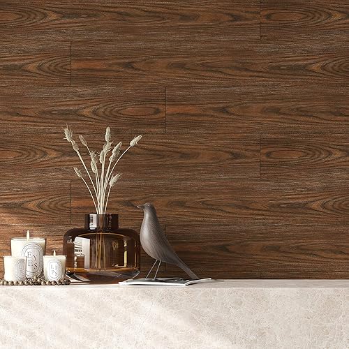 Miniatura 9 de VEELIKE Azulejos de piso de 6 x 36 pulgadas para despegar y pegar para baño, impermeables, de madera de castaño marrón, paquete de 12 tablones de