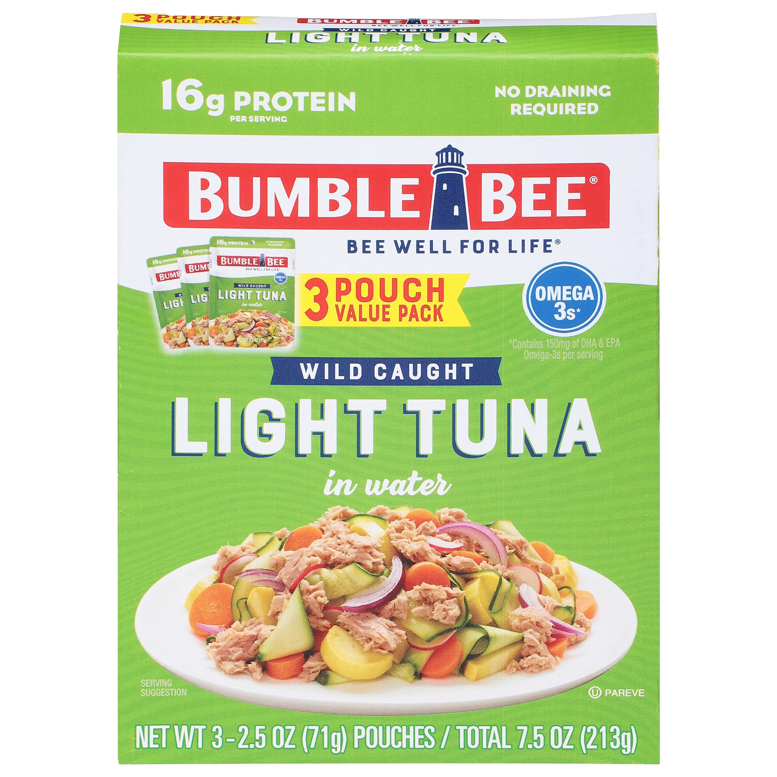 Photo 1 of **4 boxes** Bumble Bee Chunk Light Tuna in Water, 2.5 oz Pouches (Pack of 3) - Ready to Eat Wild Caught Skipjack Tuna Packet - 16g Protein per Serving - MSC Sustainable Seafood, Non-GMO, Gluten Free, Kosher