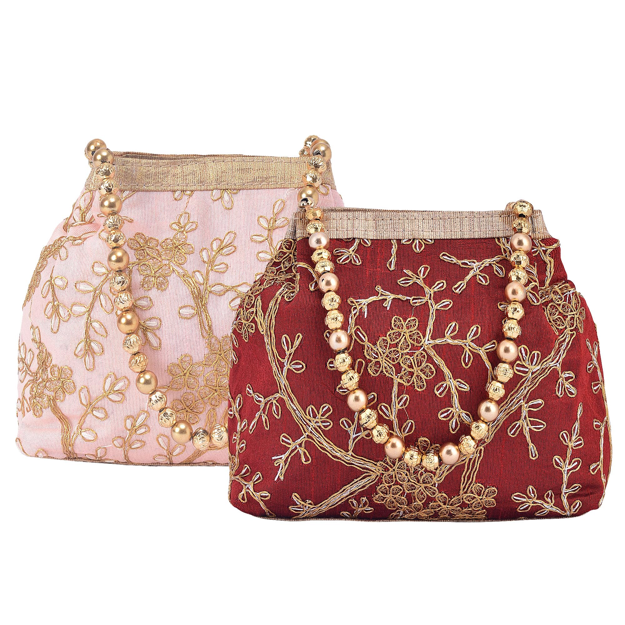 Kuber Industries Pack of 2 Potli Bags for Ladies & Girls | Women Shagun Pouches for Festive Seasons | Bridal Purse | Moti Embroidery- Peach & Maroon-image-30