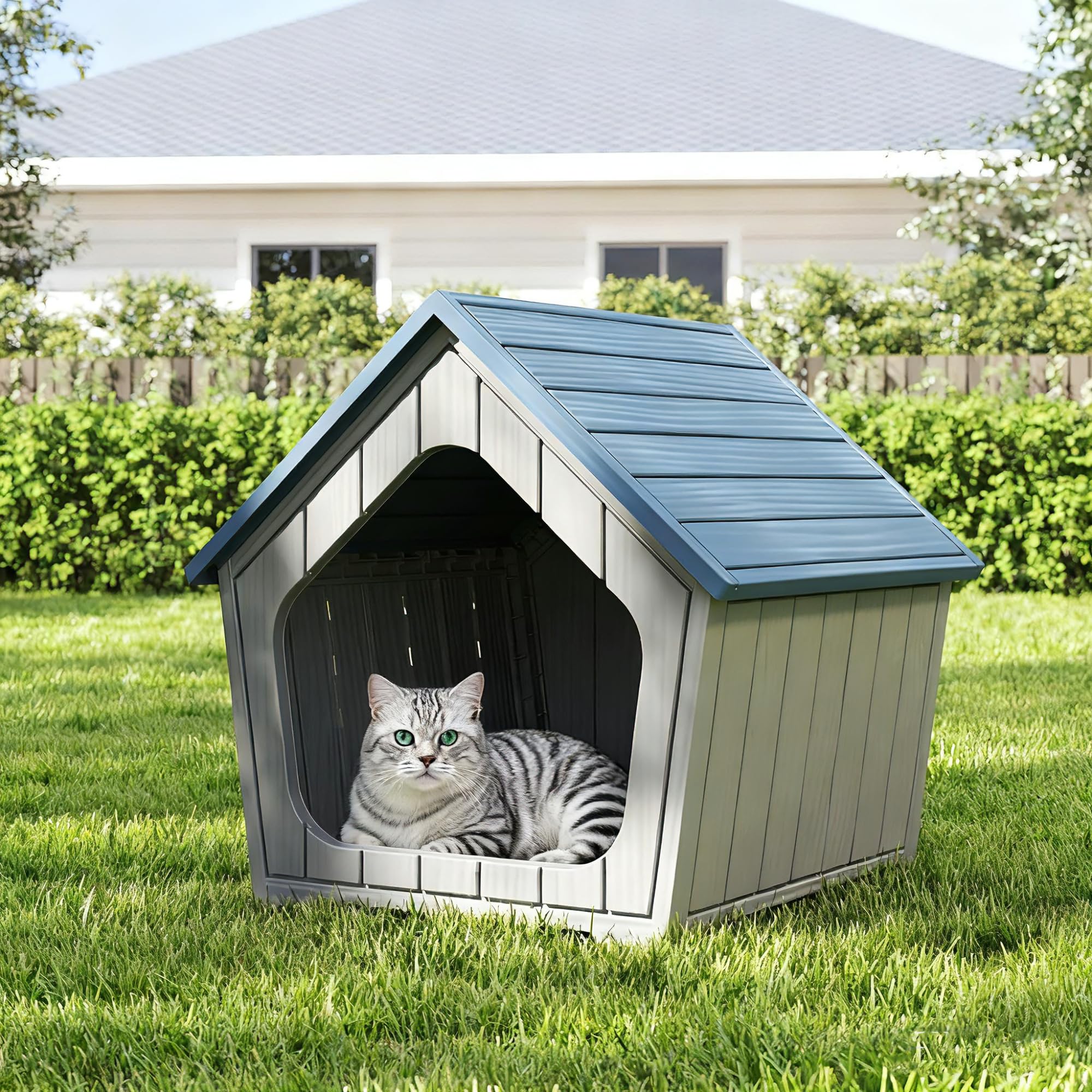 GULAIMOAO Outdoor Cat House, Cat Houses for Outdoor Indoor Cats, Outside Cats House Weatherproof with Air Holes, Resin Insulated Material, Easy to Clean and Install, Blue