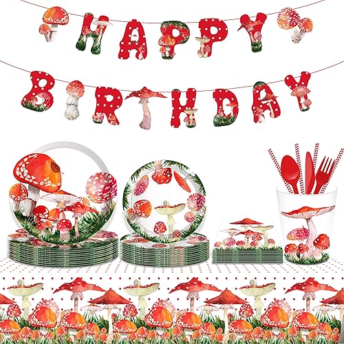 Miniatura 5 de Juego de vajilla de 116 piezas de vajilla roja de hongos en acuarela que incluye platos de hongos y servilletas, platos llanos, tazas para