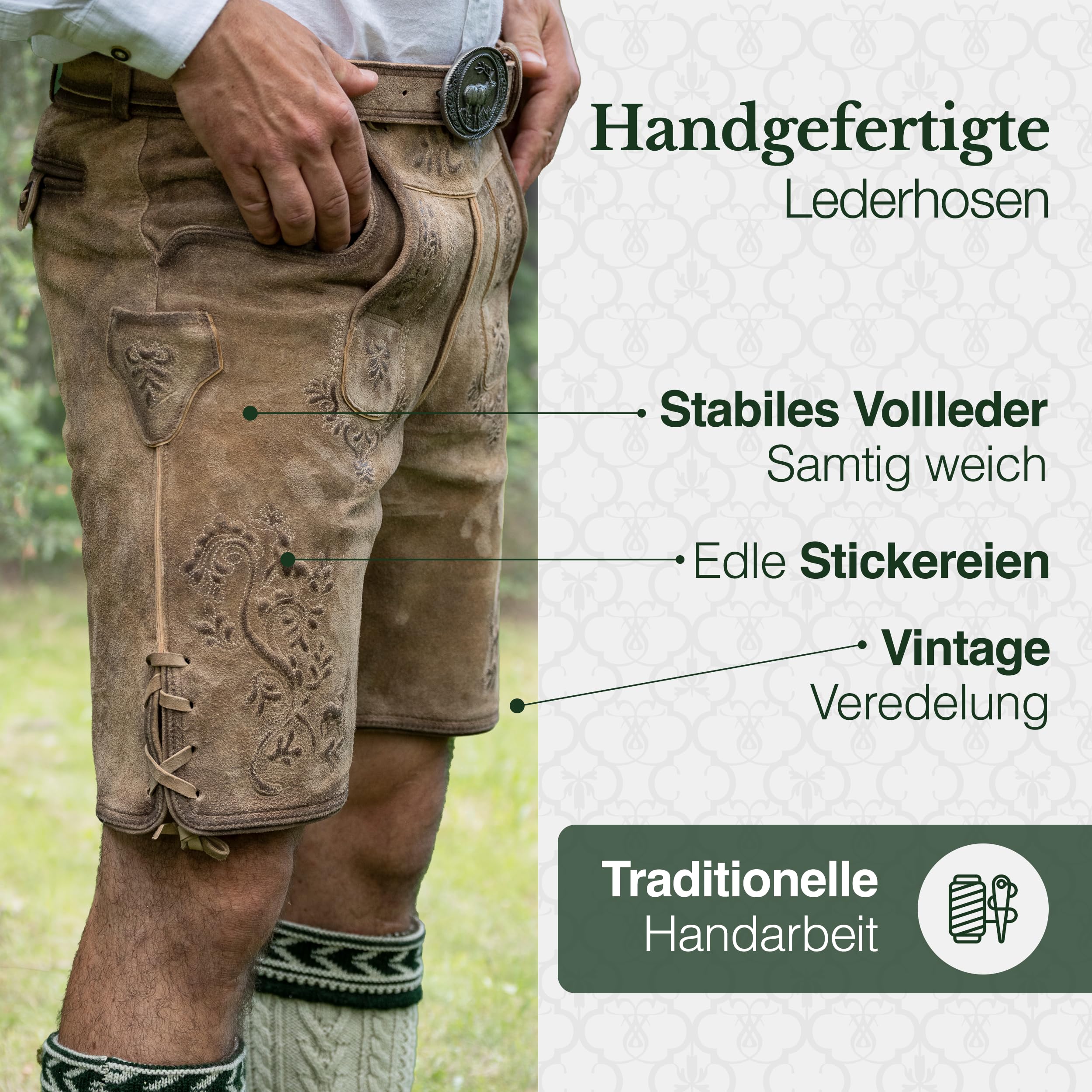 Schöneberger Trachten Couture Herren Lederhose kurz mit Trachtengürtel -Traditionelle Trachtenhose für Oktoberfest aus Original Nubukleder
