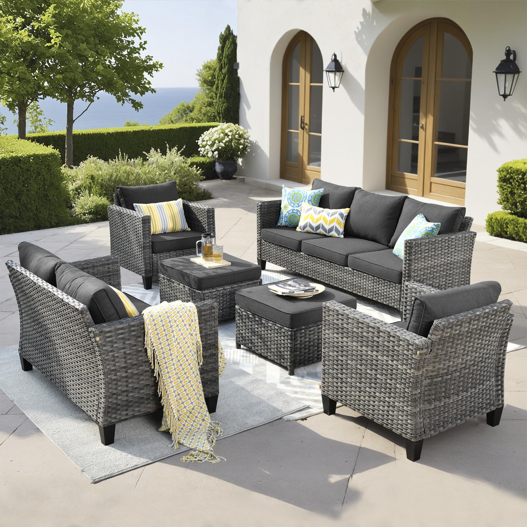 ovios Patio Furniture Set, 6 Pieces Outdoor Wicker Sofa Couch with Loveseat, Ottomans and Comfy Cushions, All Weather High Back Rattan Conversation