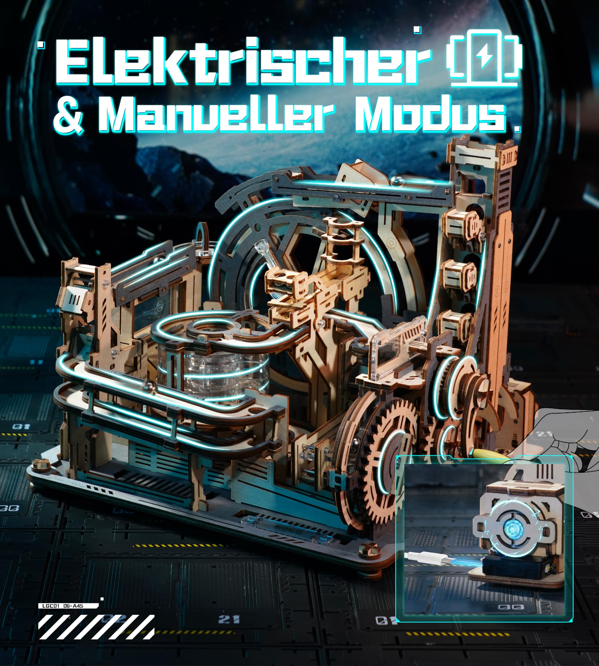 ROKR 3D Puzzle Erwachsene Elektrische Kugelbahn,Marble Spaceport 3D Wooden Puzzle,Night City 2.0,Geschenkidee für Männer(LGC01)