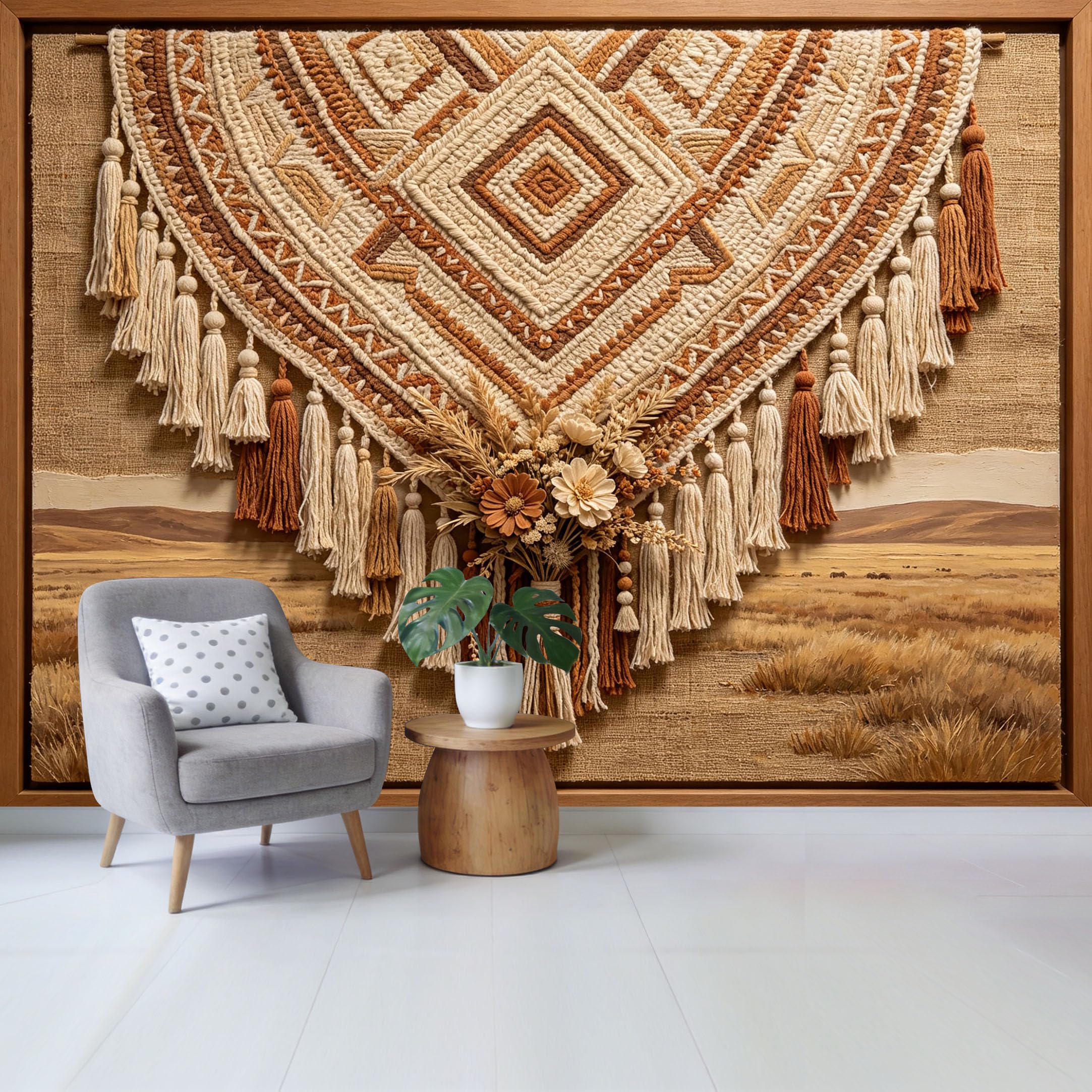 Qzlithotic Yq2605250965 Custom Size Wall Mural Bohemian Macrame Woven Tapestry Desert Landscape Textured Pattern Selfadhesive Wall Fabric Removable Wallpaper For Home Office Decor