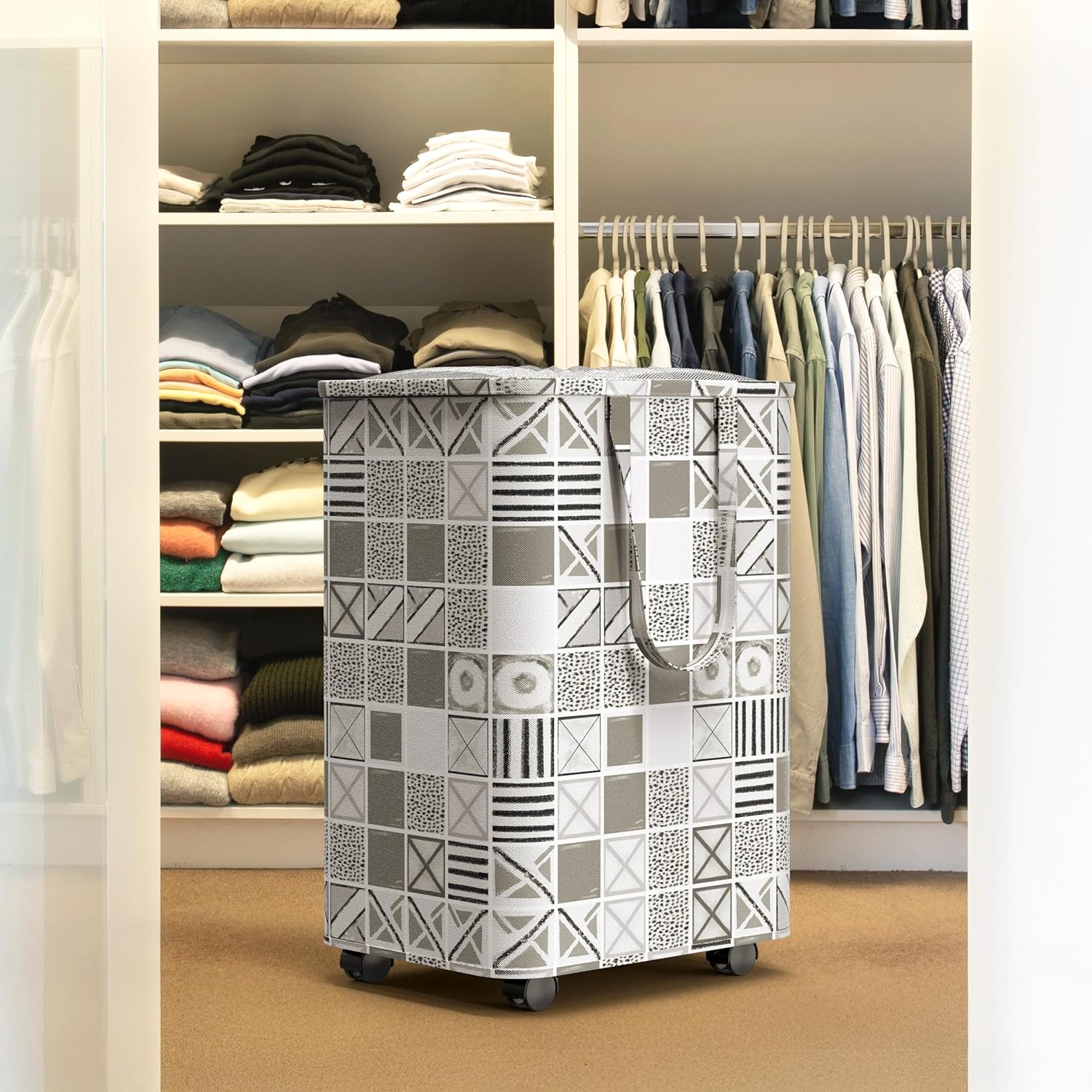 Simple Houseware Large 82L Laundry Basket with Wheels, Collapsible Waterproof Hamper with Handles and Mesh Cover, Geometric Gray