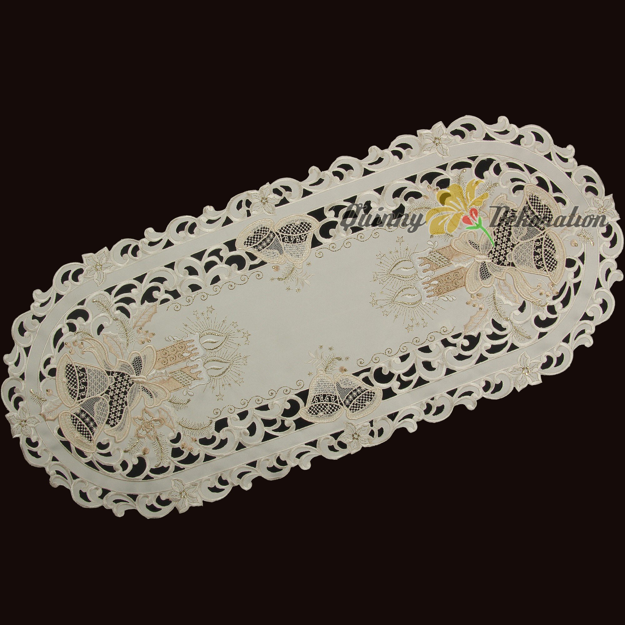 Chemin De Table Noël Crème/blanc - Broderie Dorée (cloches, Bougies), Polyester, 40 Cm, Décor Festif élégant