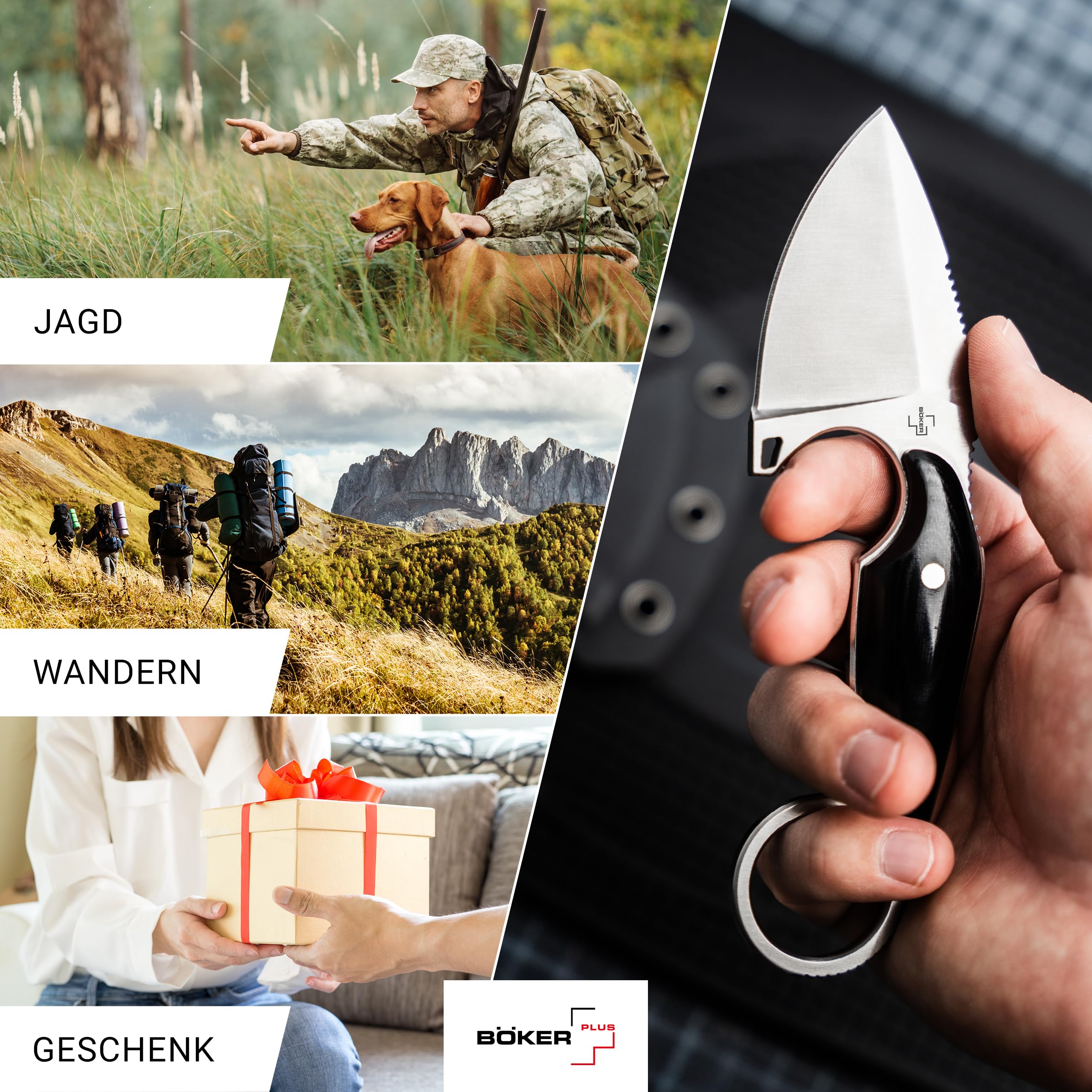 BÖKER PLUS® Enki - kleines Full Tang Messer mit Kydexscheide - taktisches Messer mit 5,6 cm D2 Droppoint Klinge feststehend - Neck Knife 42a konform - Backup Messer mit Micarta Griff schwarz & Ring