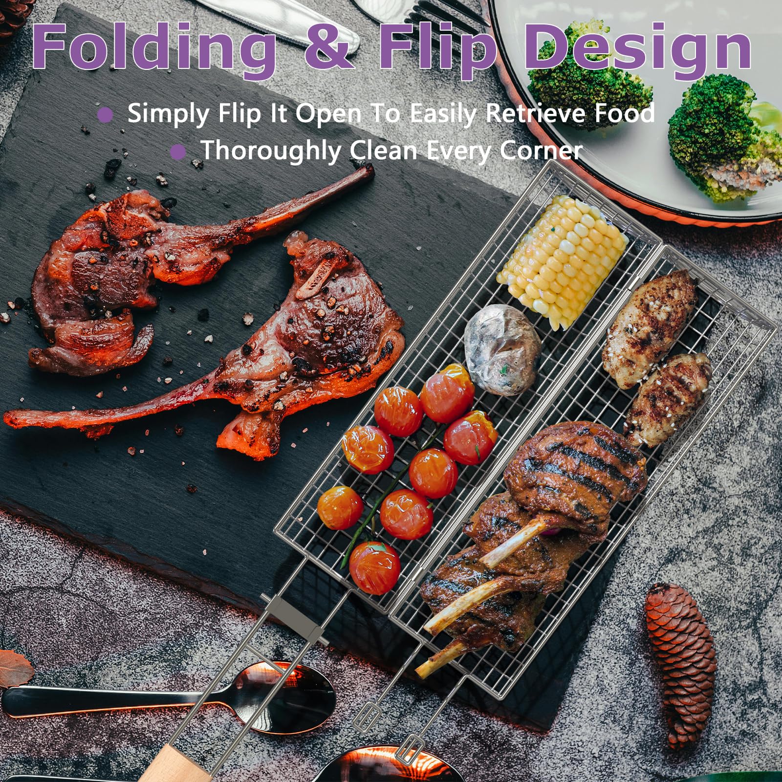 Rollender Grillkorb, Grillkörbe für Outdoor-Grillen, abnehmbarer Griff, rostfreies Edelstahl-Grillnetz für Fleisch, Garnelen, Gemüse, Grillzubehör, Geschenke für Vater, Ehemann (achteckig +