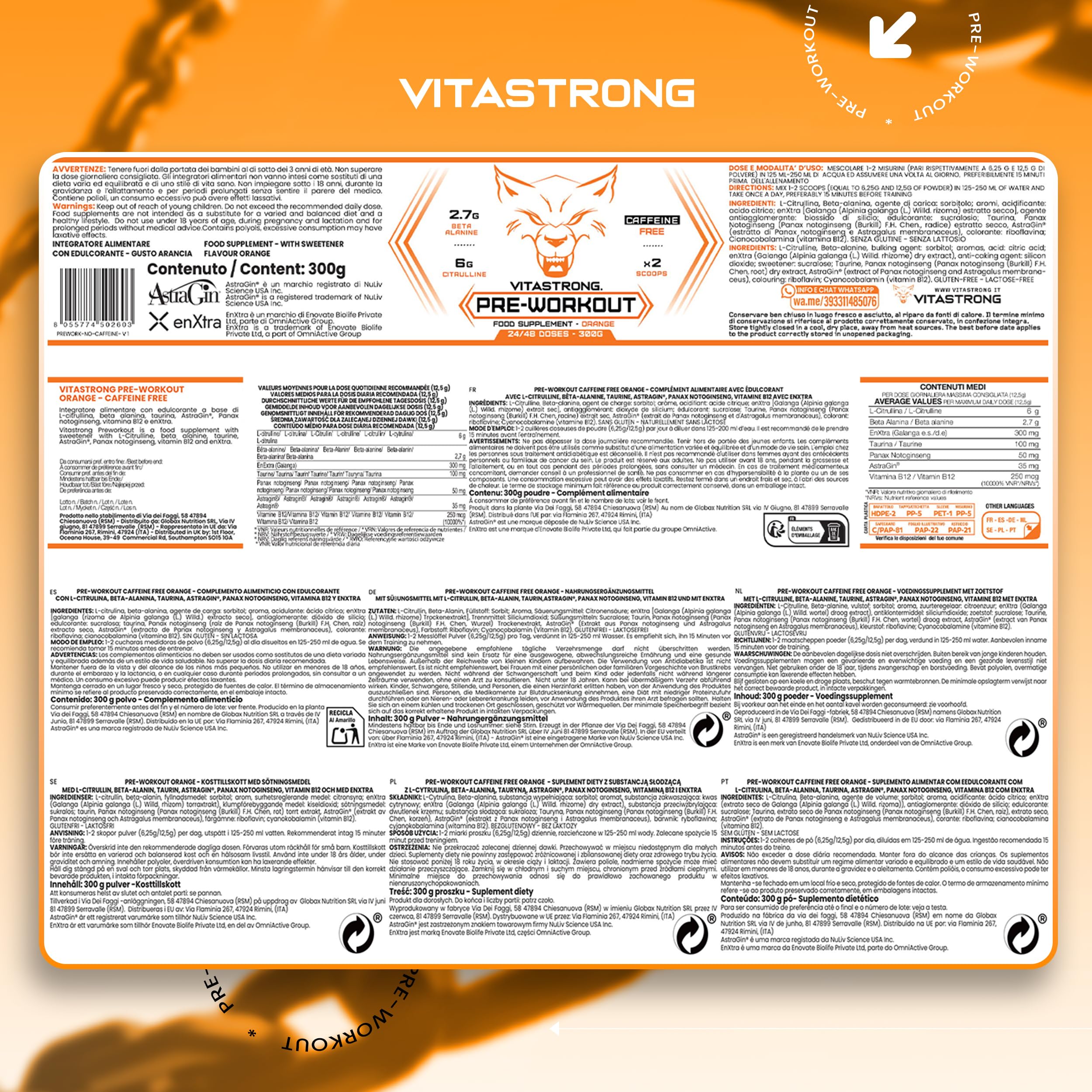 Pre Workout Potente 300g, con Vitamina B12, L Citrullina, Beta Alanina,Taurina, AstraGin, Vitastrong Pre Workout Made in Italy (24 Porzioni (Confezione da 1),Orange - No Caffeine)