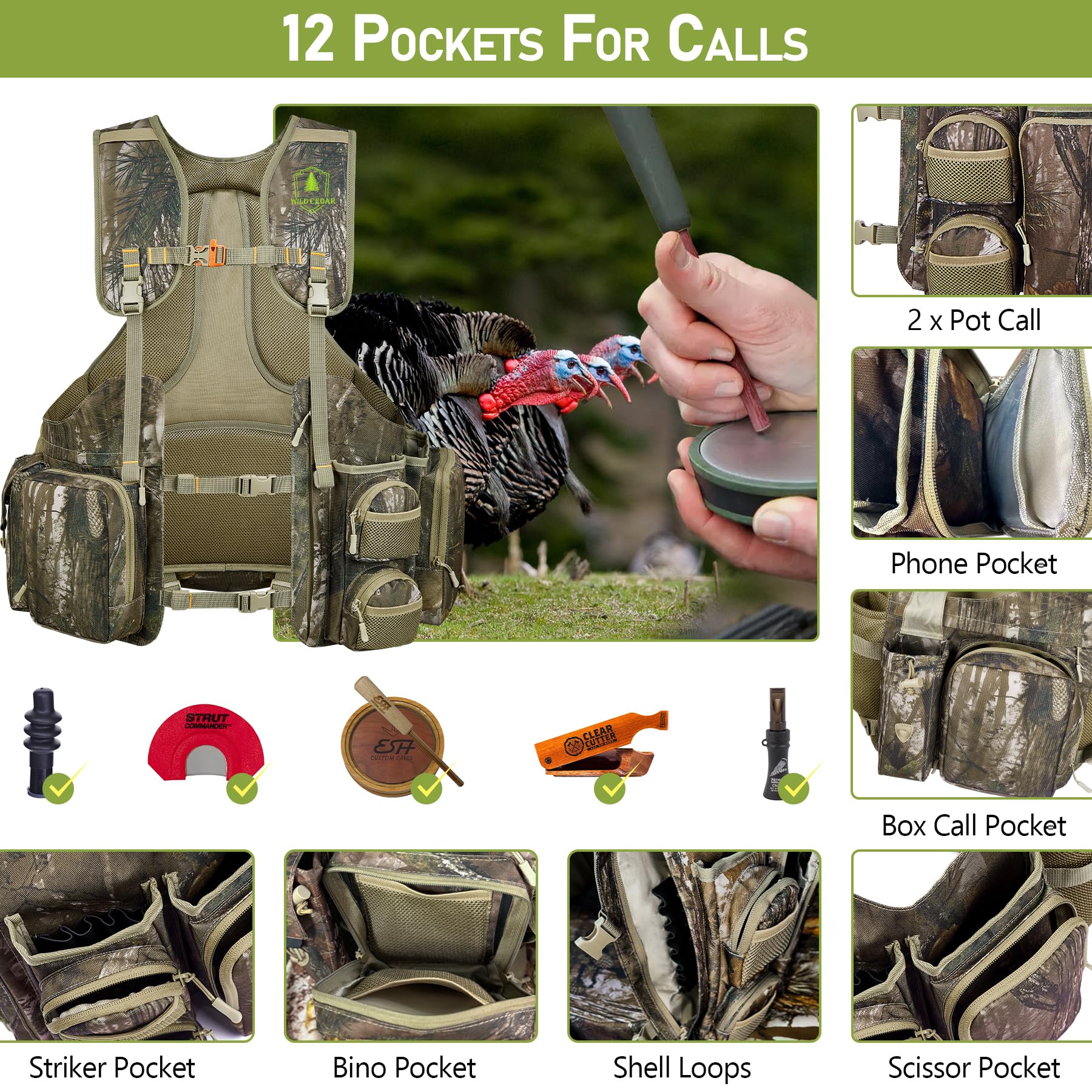Wild Cedar Hunting Turkey Vest with Magnetic Seat Cushion for Men, Camo Turkey Pack with Game Pocket for Men