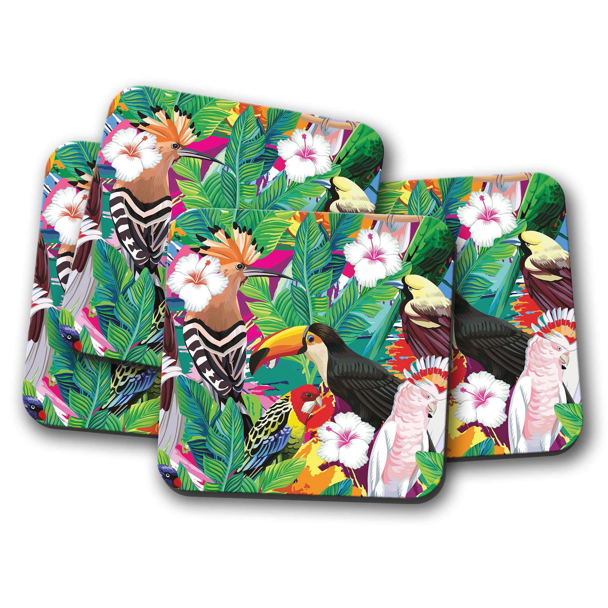 Destinationvinyl Multicolor 4 Set - Funky Tropical Birds Coaster - Parrot Toucan Jungle Wild Fun #8786