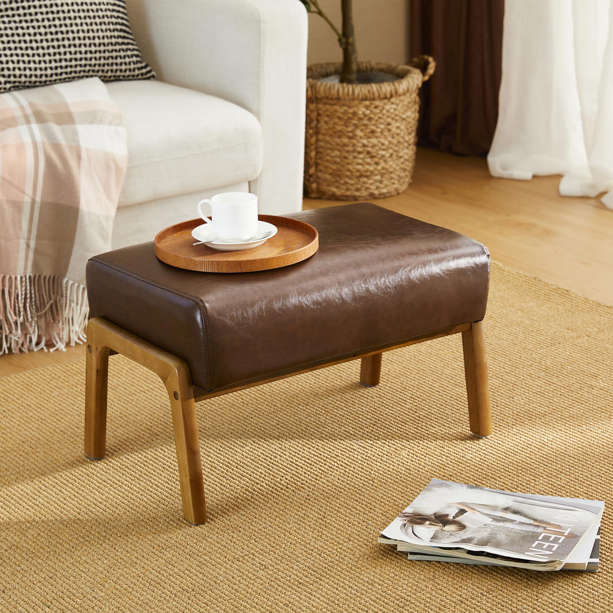 Glitzhome Rectangle Ottoman Bench, Modern Coffee Leatherette Footstool with Walnut Rubberwood Legs for Living Room, Bedroom