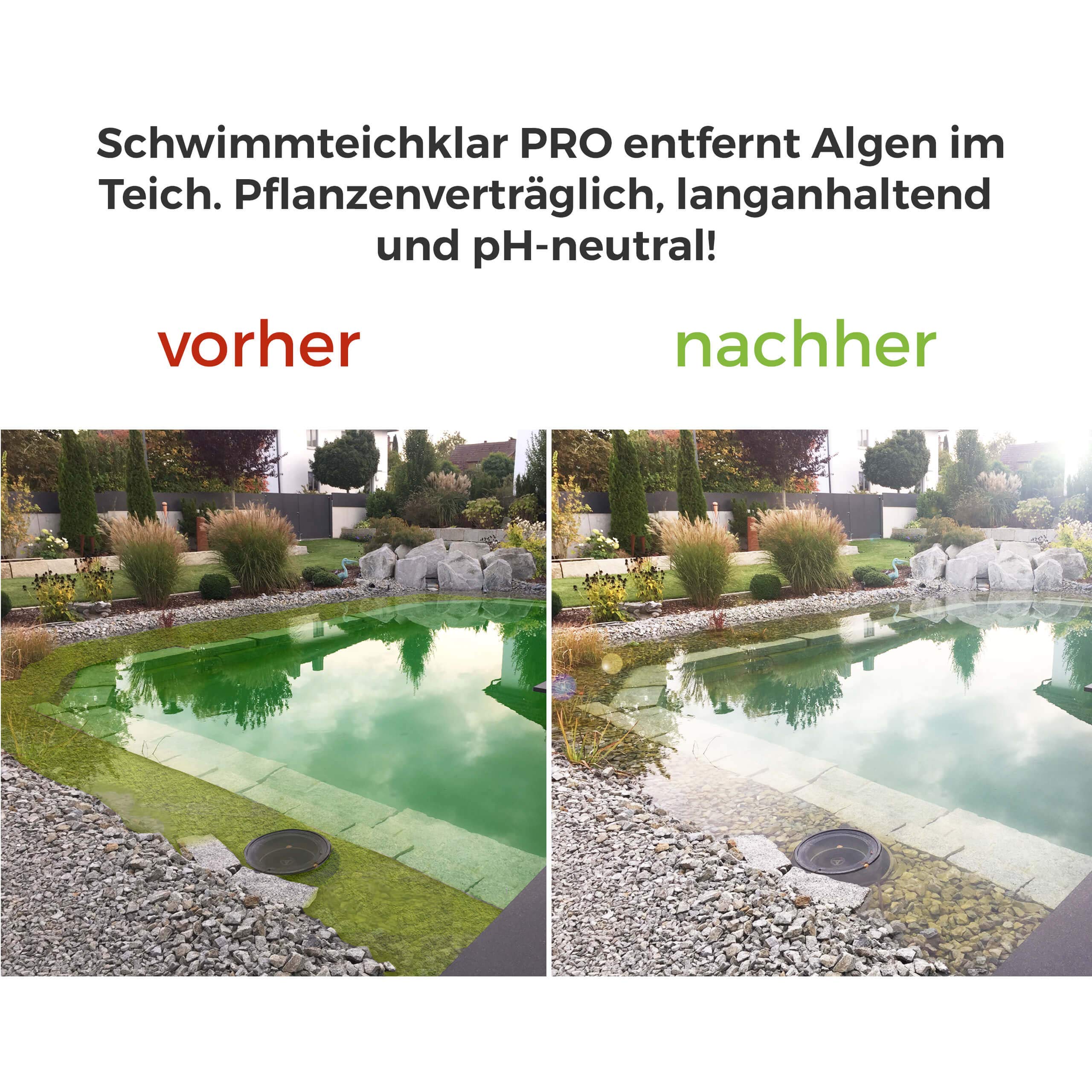 Schwimmteichklar PRO zuverlässiger Teichreiniger & Algenentferner I Wasserklärer Langanhaltend Pflanzenverträglich Chlorfrei I 1L hochkonzentrierter Algen-Killer Teich & Pool