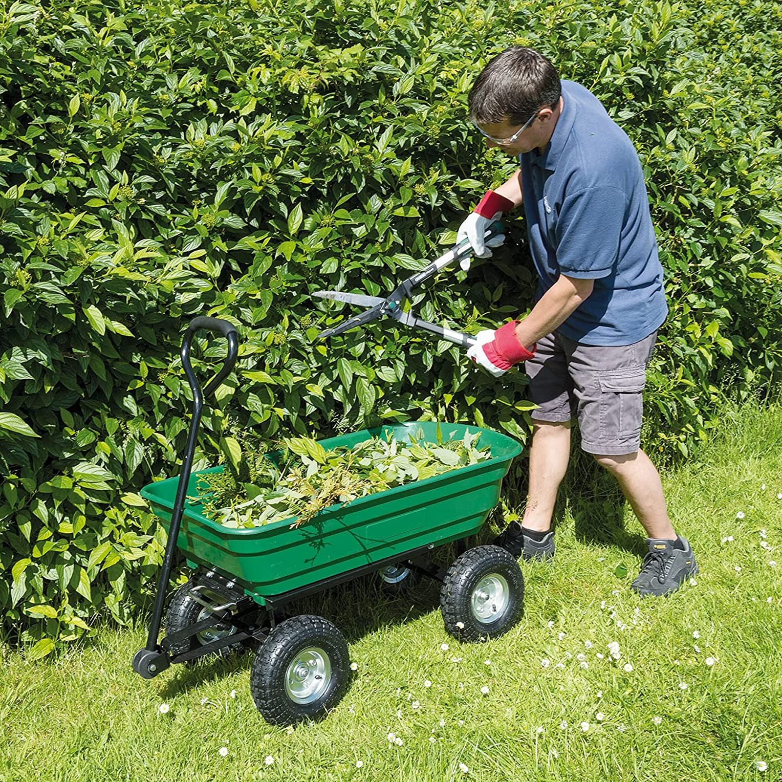 Duży wózek ogrodowy Heavy Duty, 4-kołowy wózek z wywrotem Taczka Ciężarówka z wywrotem Przyczepa Patio Magazyn Farm Wagon Skuter DIY Wózek z przyczepą, zielony, M