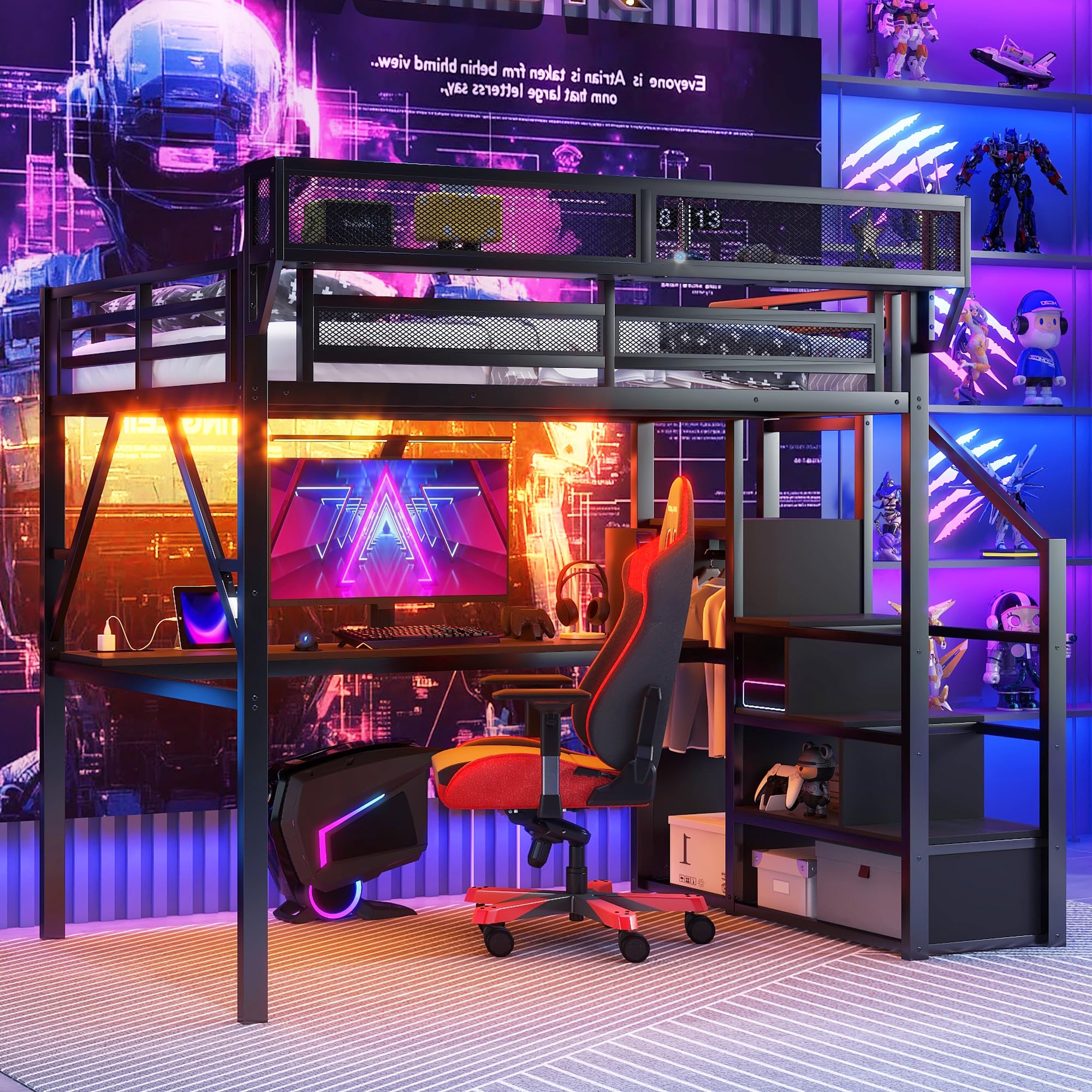 Photo 1 of Duxelifin Full Size Loft Bed with Desk & LED Lights, High Loft Bed Frame with Stairs & Storage, Tall Lofted Bed for Teens, Boys & Girls, No Box Spring Needed (All Black)