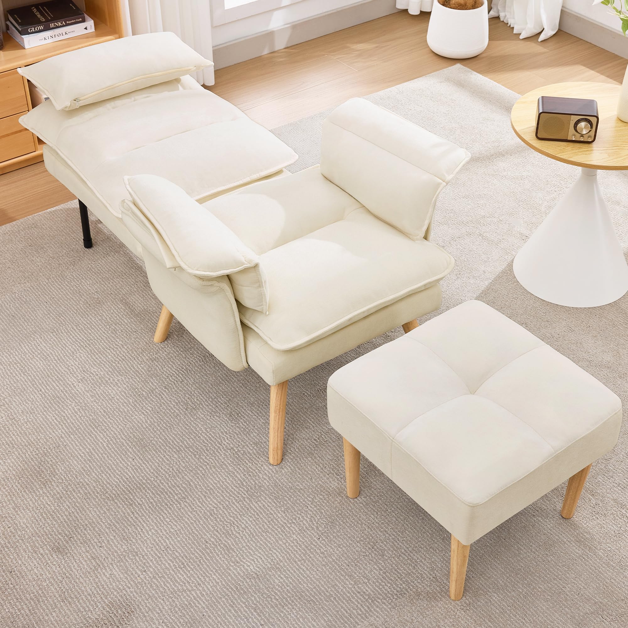 BTM Relaxsessel mit Hocker 5-Fach Verstellbarer Sessel Wohnzimmer Lesesessel mit Kopfstütze, Armlehnenkissen Beige