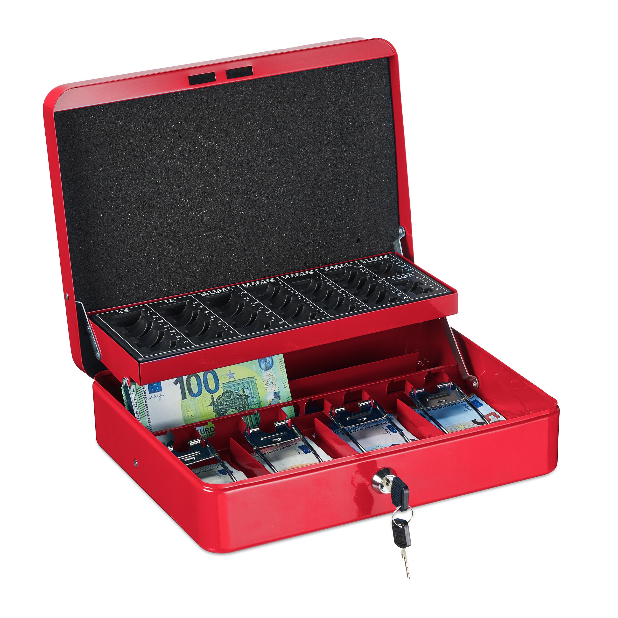 Relaxdays Cash Box, Coin Counter Tray Lockable Portable Change & Notes, H x W x D: 8.5 x 30.5 x 24.5 cm, Iron, Red โ image 1