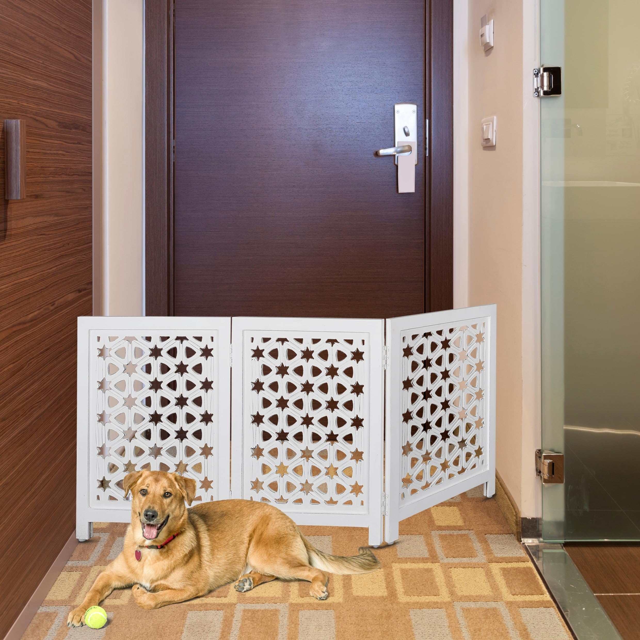Decorative Wooden Pet Gate, Dog Fence, Cat Gate, Foldable, Adjustable, Portable, Extra-Wide, Wooden Dog Barrier, Free-Standing Puppy Gate 3 Panels for