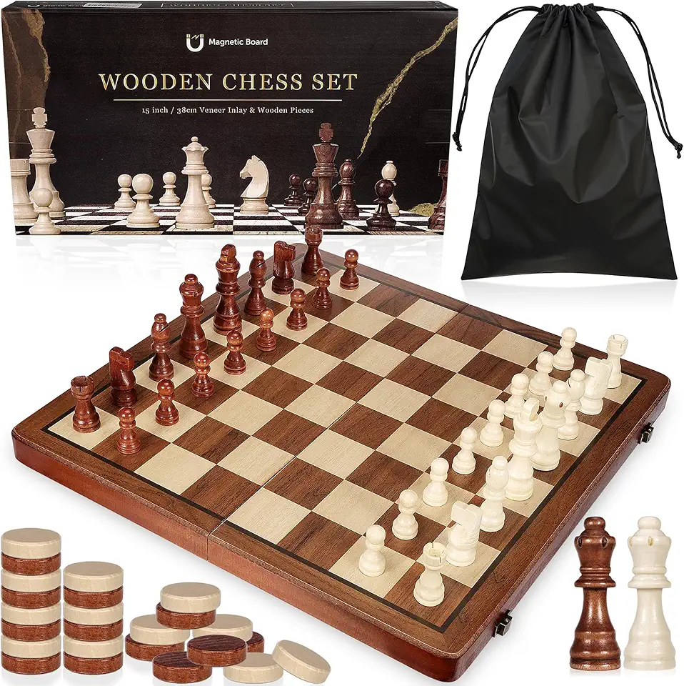 2 in 1 Wooden Chess and Checkers Set - Folding Magnetic Chess Board with Storage Slots, Chess Pieces, Portable Travel Chess Set for Adults &amp; Kids, Includes Carry Bag