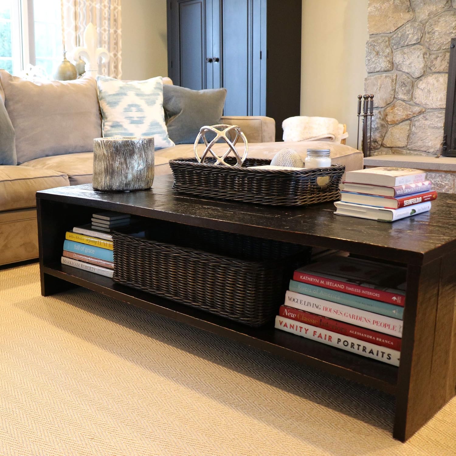 The Basket Lady Long Low Wicker Basket, Extra Large, 28.5 in L x 15 in W x 9 in H, Antique Walnut Brown