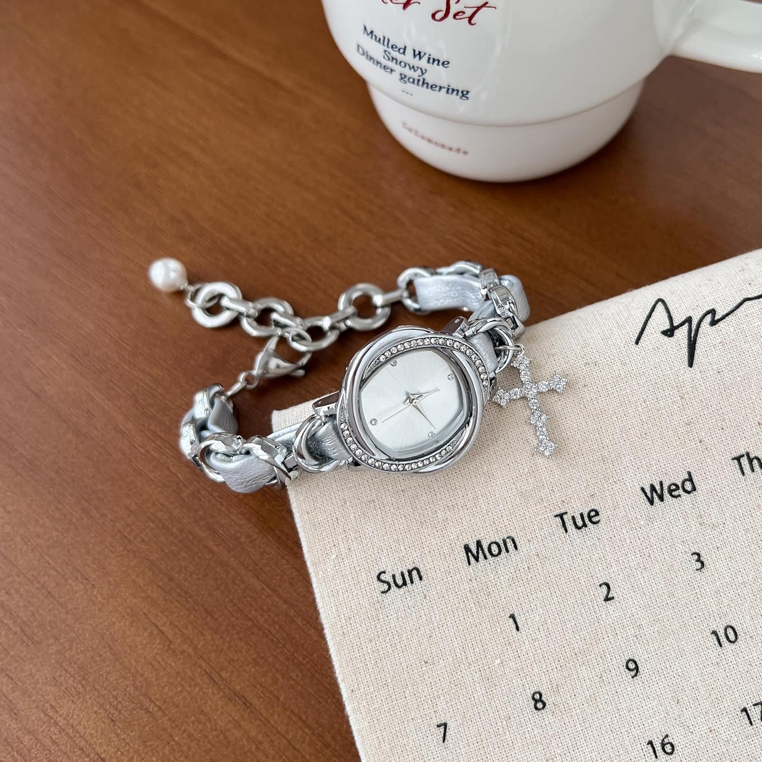 Round Shape Bracelet Watch Cross Pendant, Luxe Elegant, Small Dial, Minimalist Design, Chain Strap, Refined Style