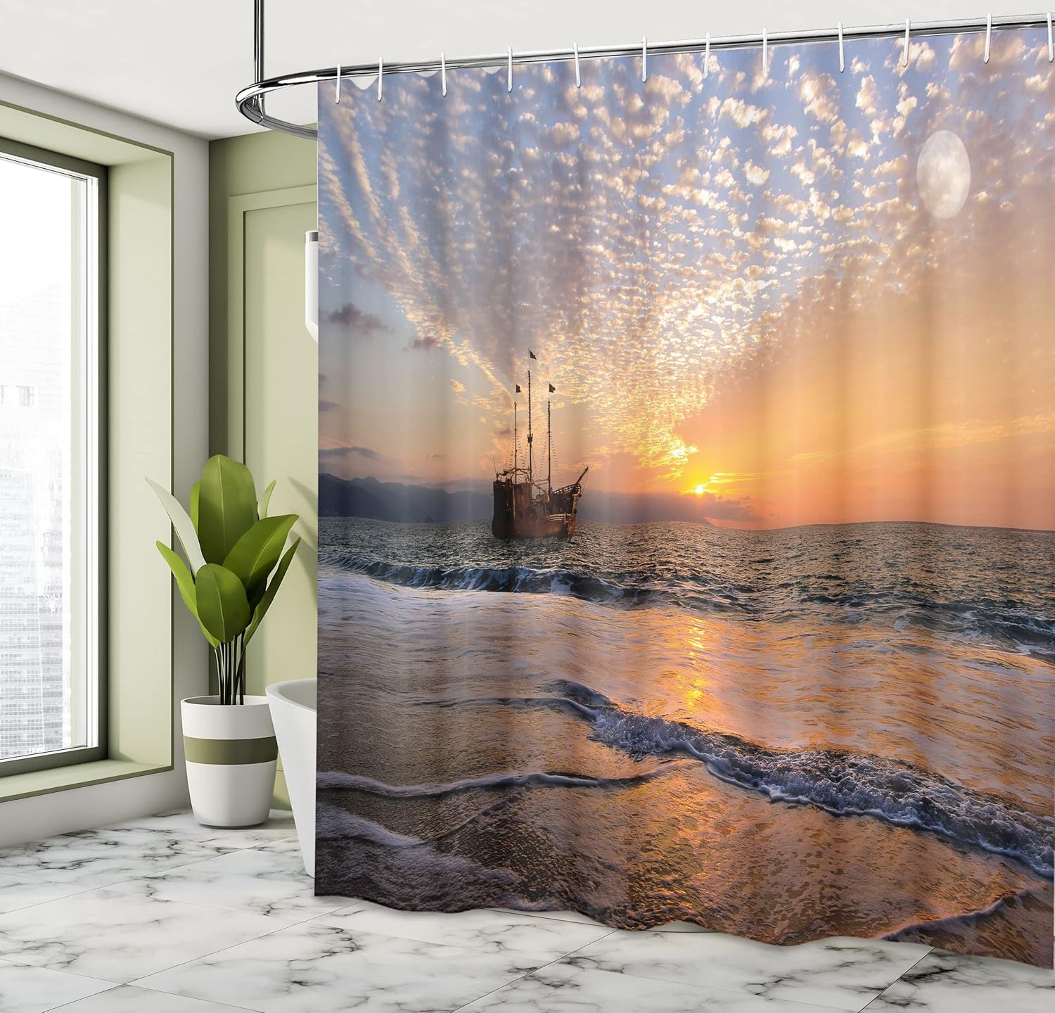 Ambesonne Nautical Shower Curtain, Pirate Ship Sailing in Waves Fantasy in The Sea Horizon Moon Surreal Scenery, Cloth Fabric Bathroom Decor Set Hooks, 69" W x 70" L, Multicolor Sky Blue Off White