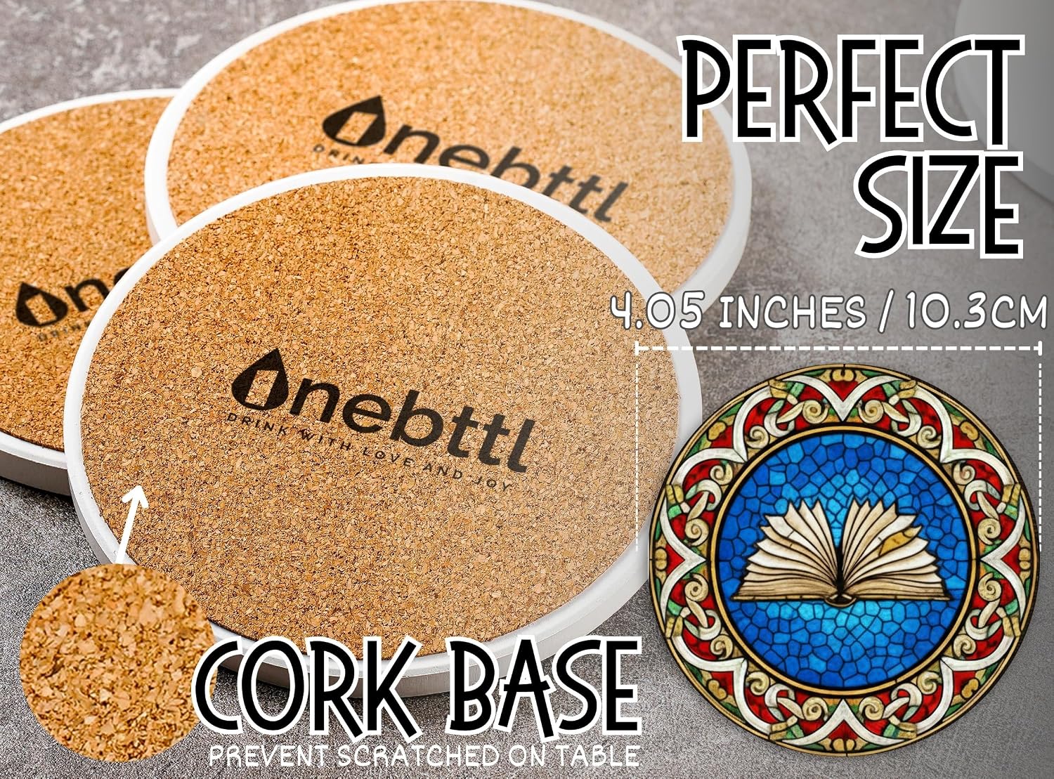 Onebttl Book Lovers Gifts for Women, Book Lover Coaster, Set of 6, Ceramic, Absorbent with Cork Base