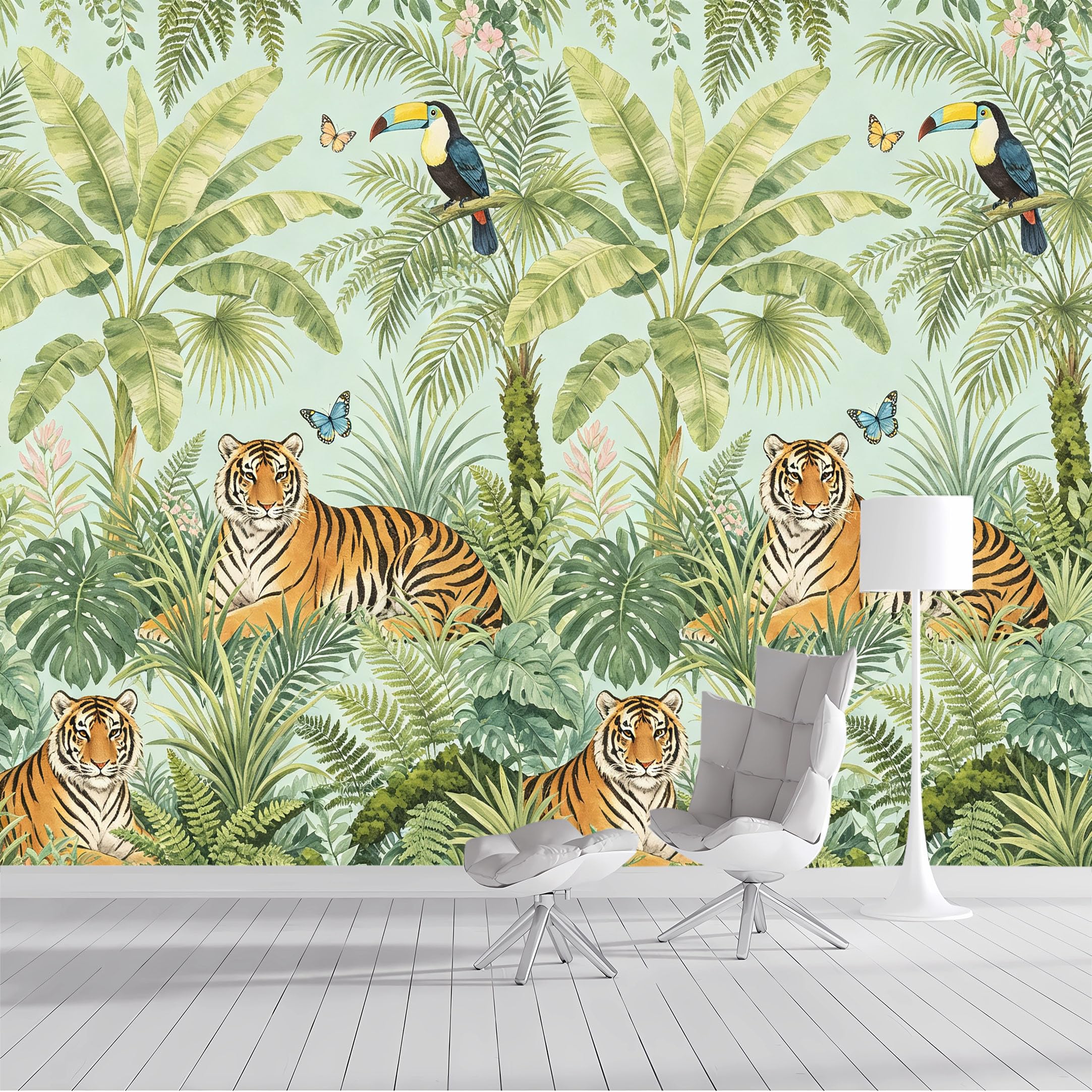 Yzpallescene Bh260711004 Custom Size Wall Mural Tropical Jungle Tiger Toucan Botanical Selfadhesive Wall Fabric Removable Peel And Stick Wallpaper Wall Decor For Living Room Bedroom Bathroom