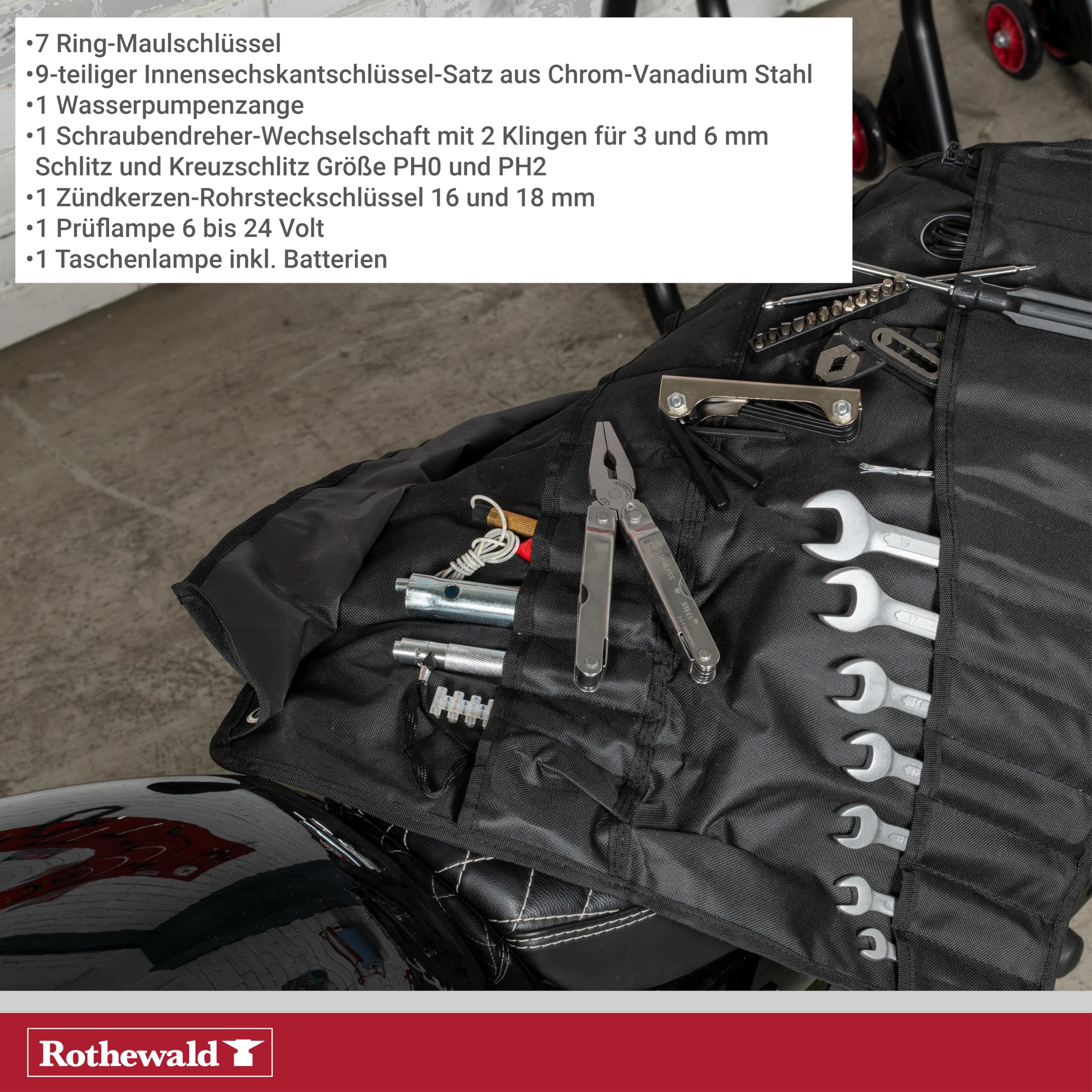 Rothewald Juego de herramientas para motocicleta, 51 piezas, métricas, rollo de herramientas para ciclistas de turismo, juego de herramientas para motocicleta con llaves hexagonales y de boca abierta