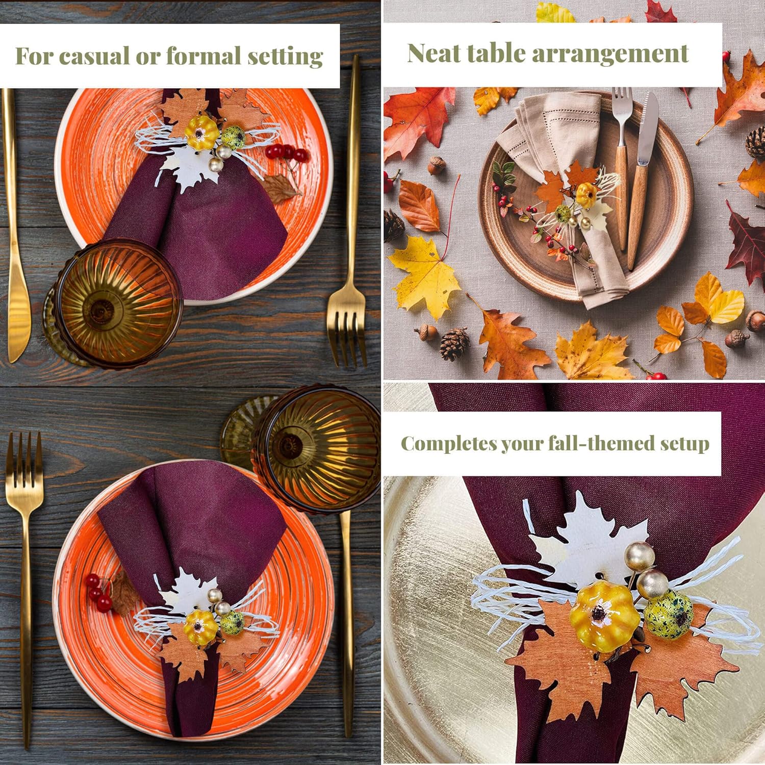 Angel Isabella Fall Themed Napkin Rings - Harvest Maple Wood & Pumpkin Cloth Napkin Holder for Table Setting - Fall Banquet, Thanksgiving, Christmas or Wedding Table Decor (8pc, Harvest Wood)
