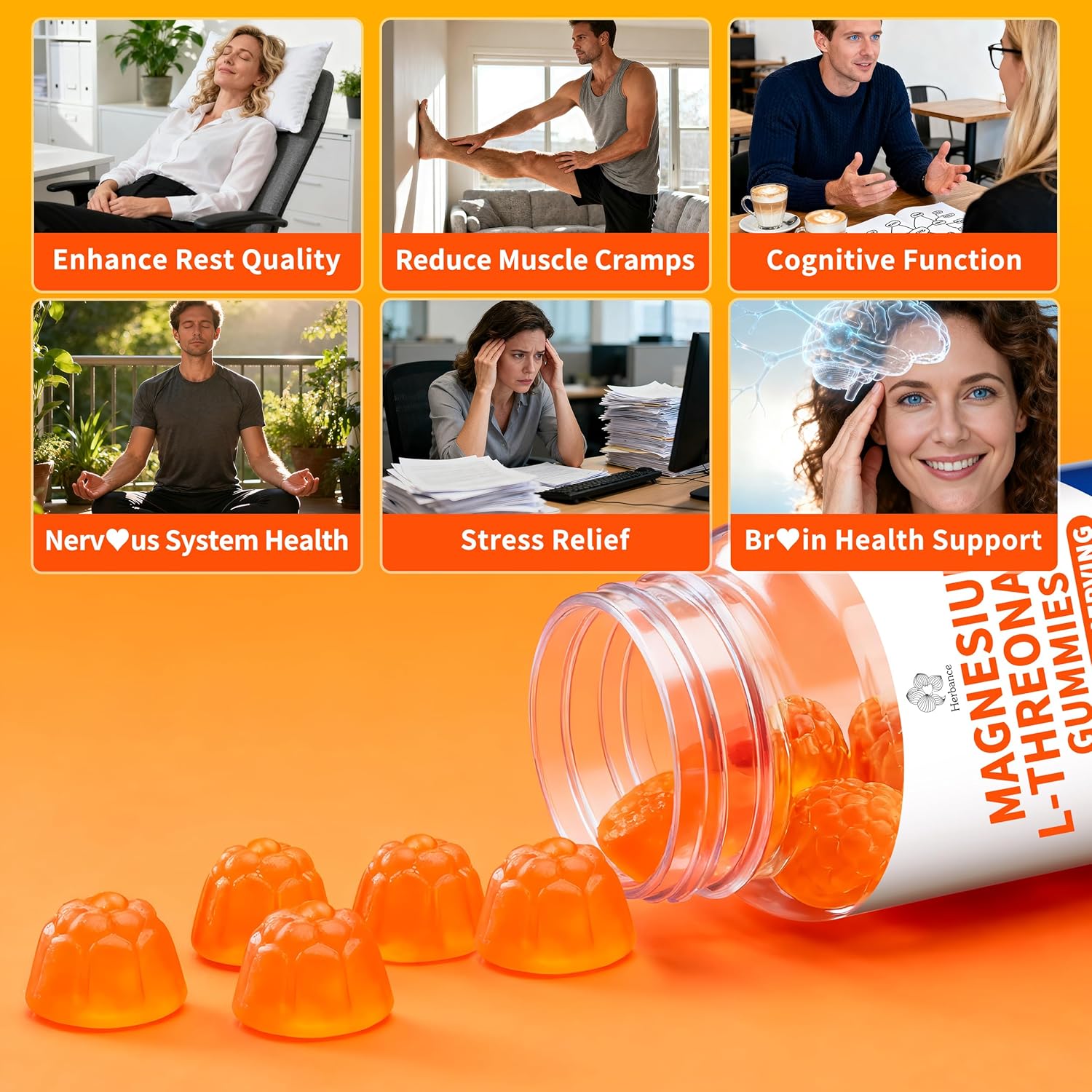 (2 Pack) Magnesium L-threonate Gummies 1000mg for Kids & Adults, High Absorption Magnesium Threonate with L - Theanine Vitamin D3 & B6 for Muscle, Nervous System, Sugar-Free, Orange Flavor - Image 4