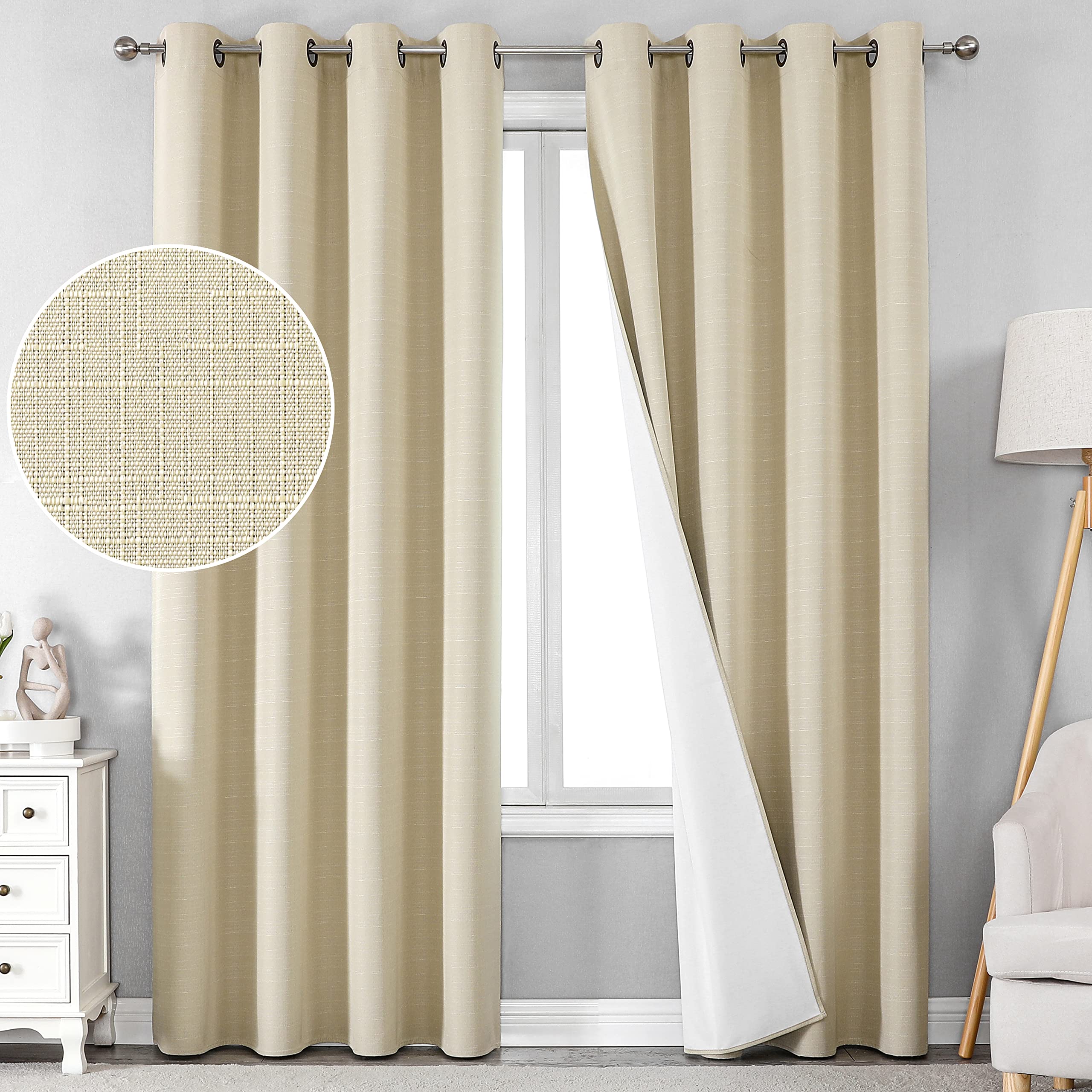 Bronze Grommet Blackout Curtains,100% Textured Linen Blackout Curtains for Bedroom/Living Room,Energy Saving Window Treatment Curtain Drapes,Linen Look Blackout Curtain Panel(52x63, Flaxen,2 Panels)