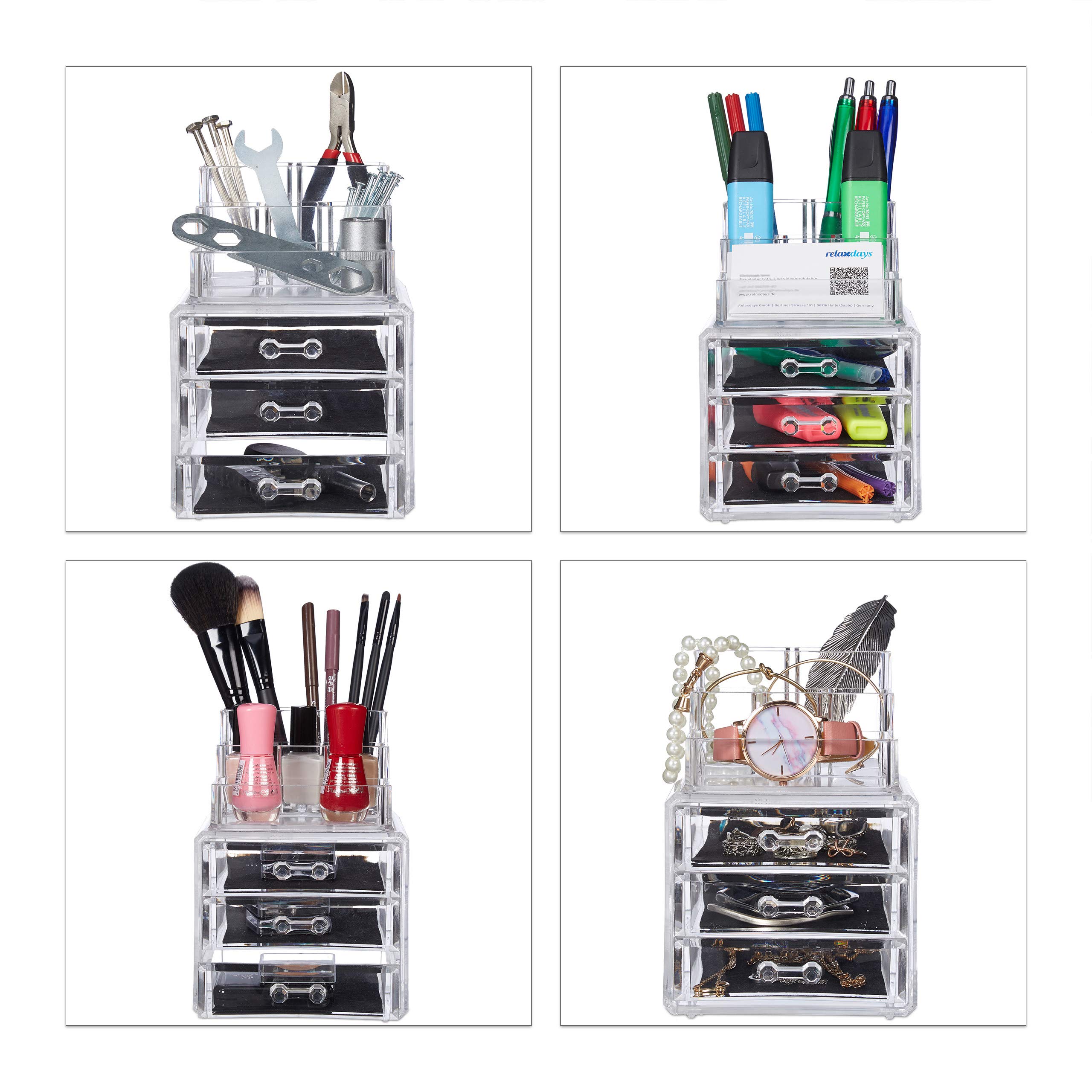 Relaxdays 10024641_50 Contenitore Cosmetici, Porta-Trucchi, Make-Up Orga, Trasparente, 3 Cassetti