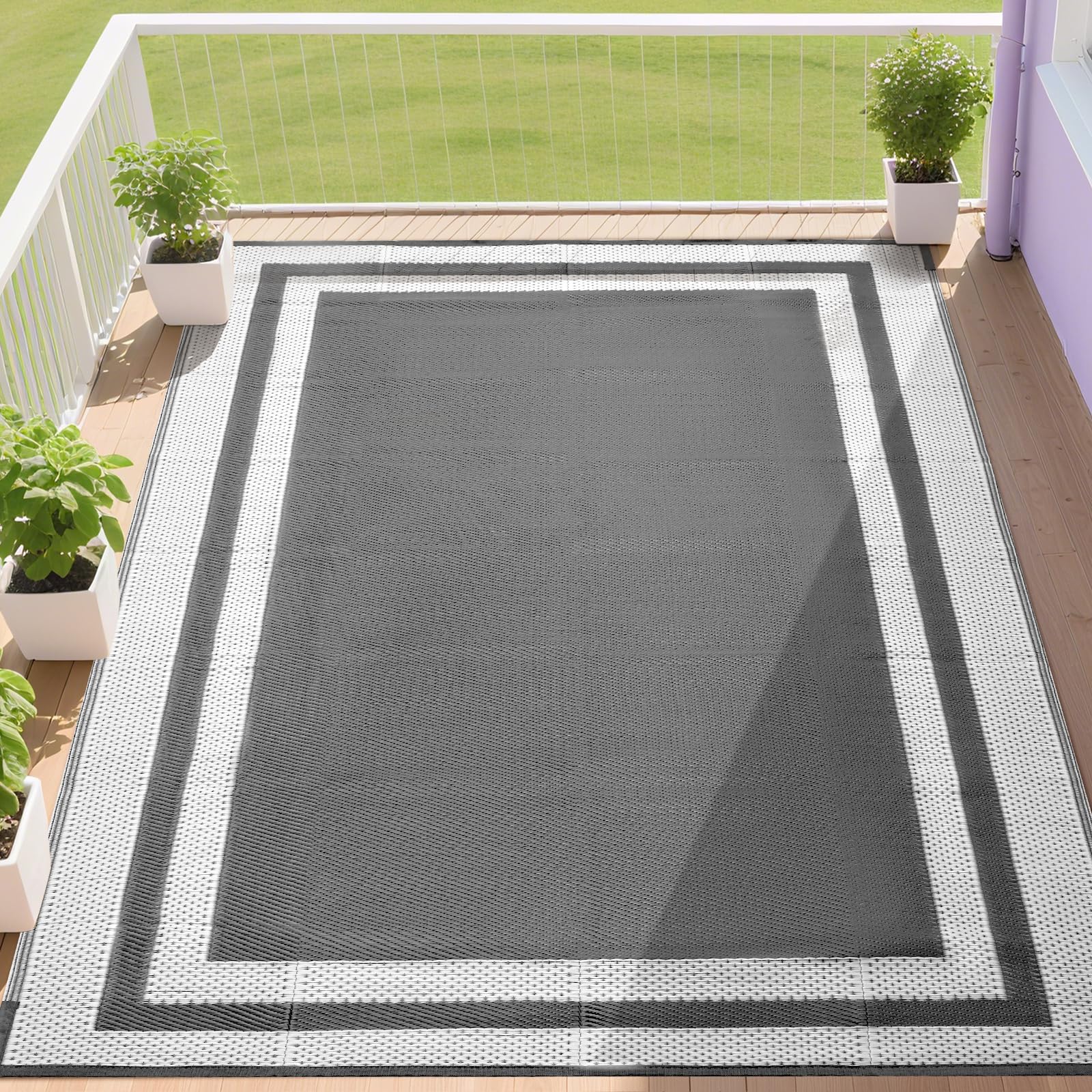 RURALITY Outdoor Rugs 9x12 Waterproof for Patios Clearance,LargePlastic Straw Mats for Backyard,Porch,Deck,Balcony,Grey&White