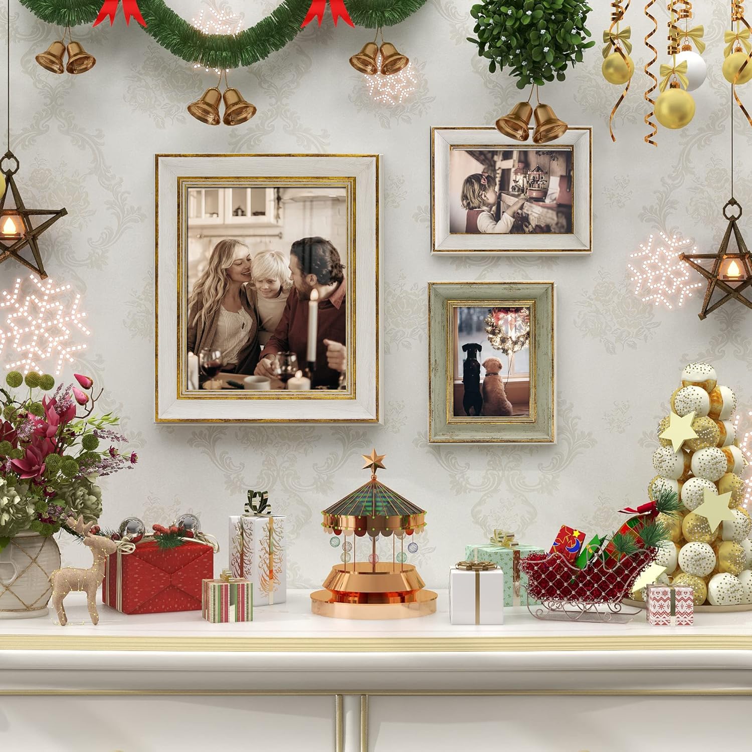 Sapowerntus 8x10 Picture Frame Antique Vintage White Gold Photo Frames Set Wall Hanging Tabletop Display Home Decor Shabby Chic Family Distressed Mother Grandma Elegant Victoria Gift