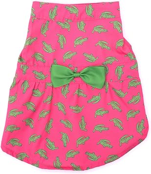 THE WORTHY DOG Designer Al the Gator Dog Dress Stylish Polyester Pet Dress with Bow Detail, Adjustable Touch Fasteners & Machine Washable - Pink, Medium