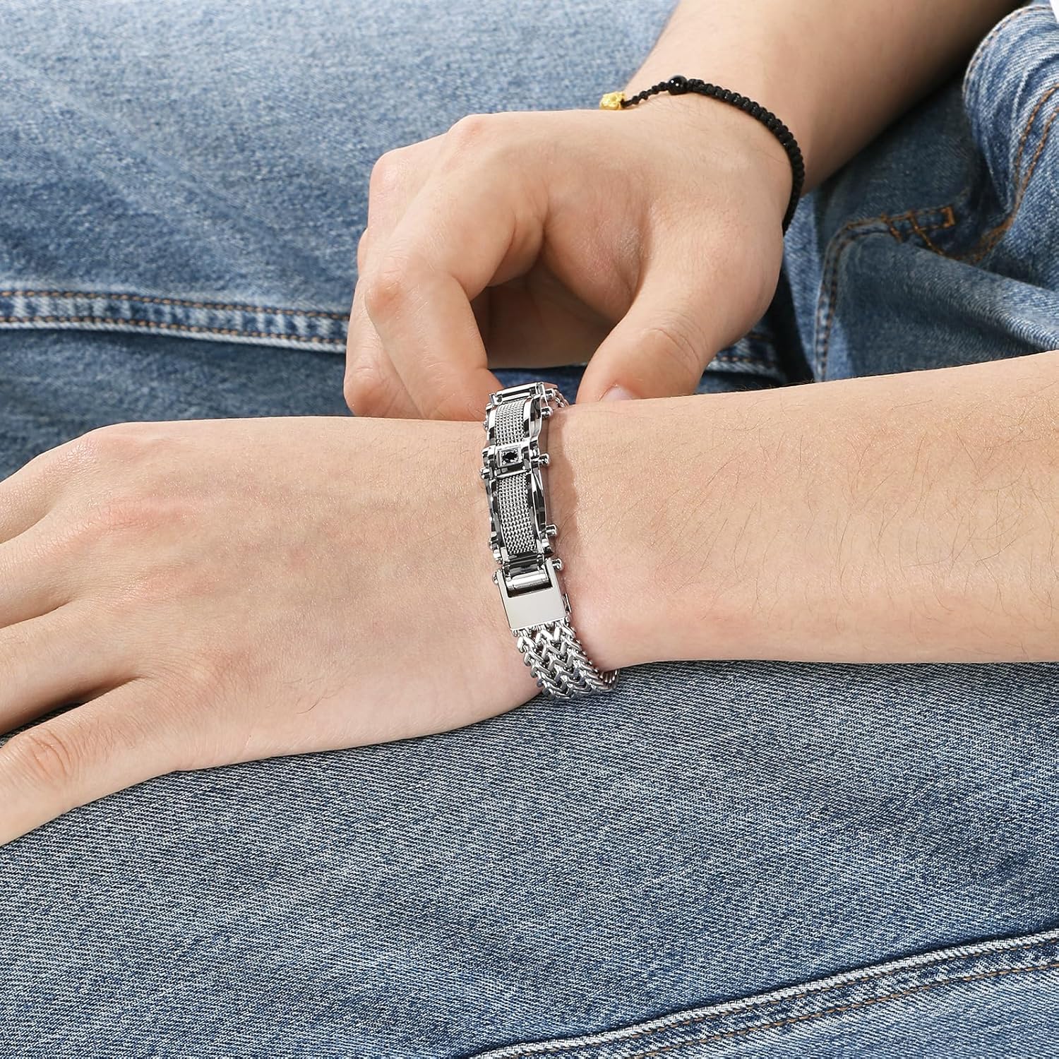 Gold Stainless Steel Bracelet for Men with Cubic Zirconia, Cuban Franco Link Chain Gift for Him, Upgraded Clasp Gold Silver Black