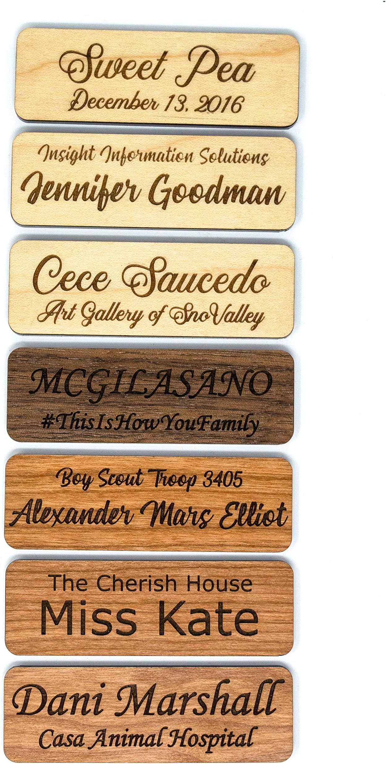 Employee Name Tags (3" x 1") | Laser Engraved Custom Personalized Wood Name Tag w/Magnetic, Pin-on, or Adhesive Backing | Styles for Casual and Formal Business | Three Wood Choices! …