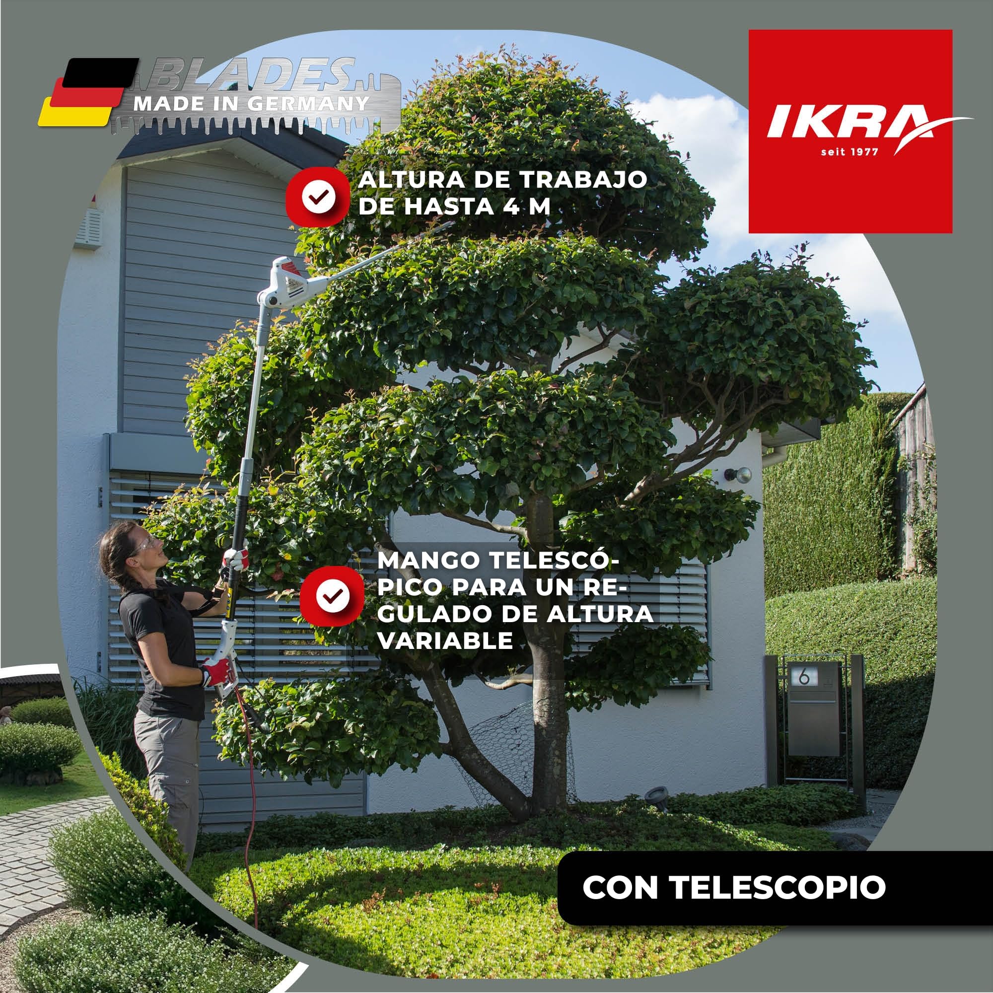 IKRA cortasetos telescópico eléctrico ITHS 600, longitud 51 cm, con gafas | Telescópico y con ángulo ajustable, grosor de corte de 20 mm, incluye correa para el hombro, cuchillas fabricadas en Alemania