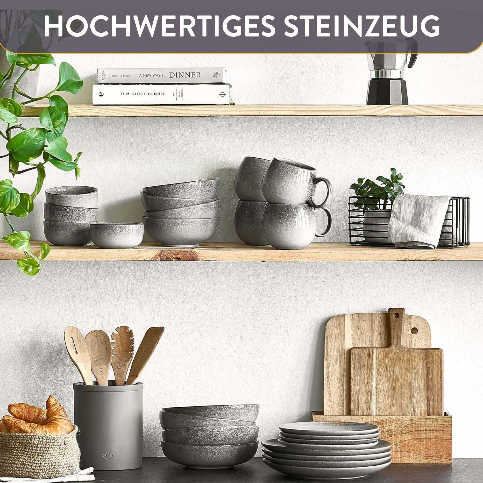 Springlane Misty Cliff 48-częściowy zestaw naczyń stołowych – kamionkowy serwis stołowy dla 8 osób – 8 talerzy obiadowych, 8 talerzy do zupy, 8 x miseczek do musli, 8 x talerz deserowy, 8 x małe