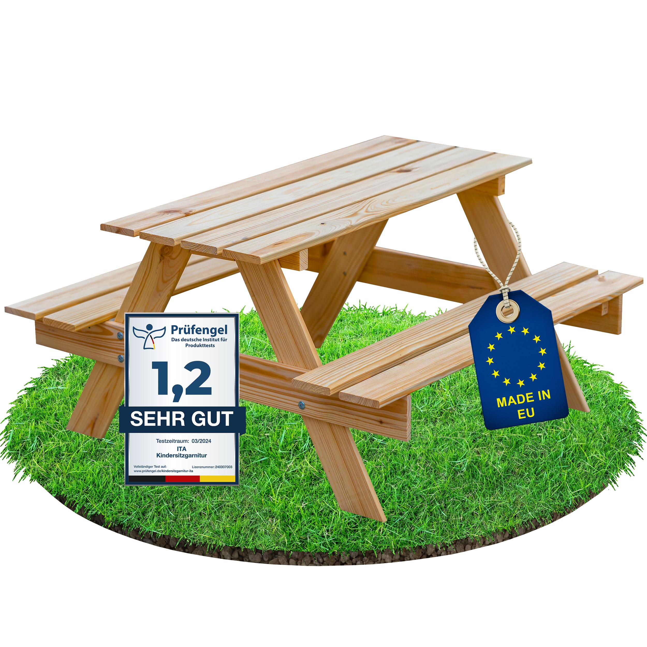 ITA Kinder Sitzgarnitur aus Holz, Picknicktisch mit 2 Bänken für Kinder ab 3 Jahren, Indoor & Outdoor, FSC-Zertifiziert, Made in EU, Natur :