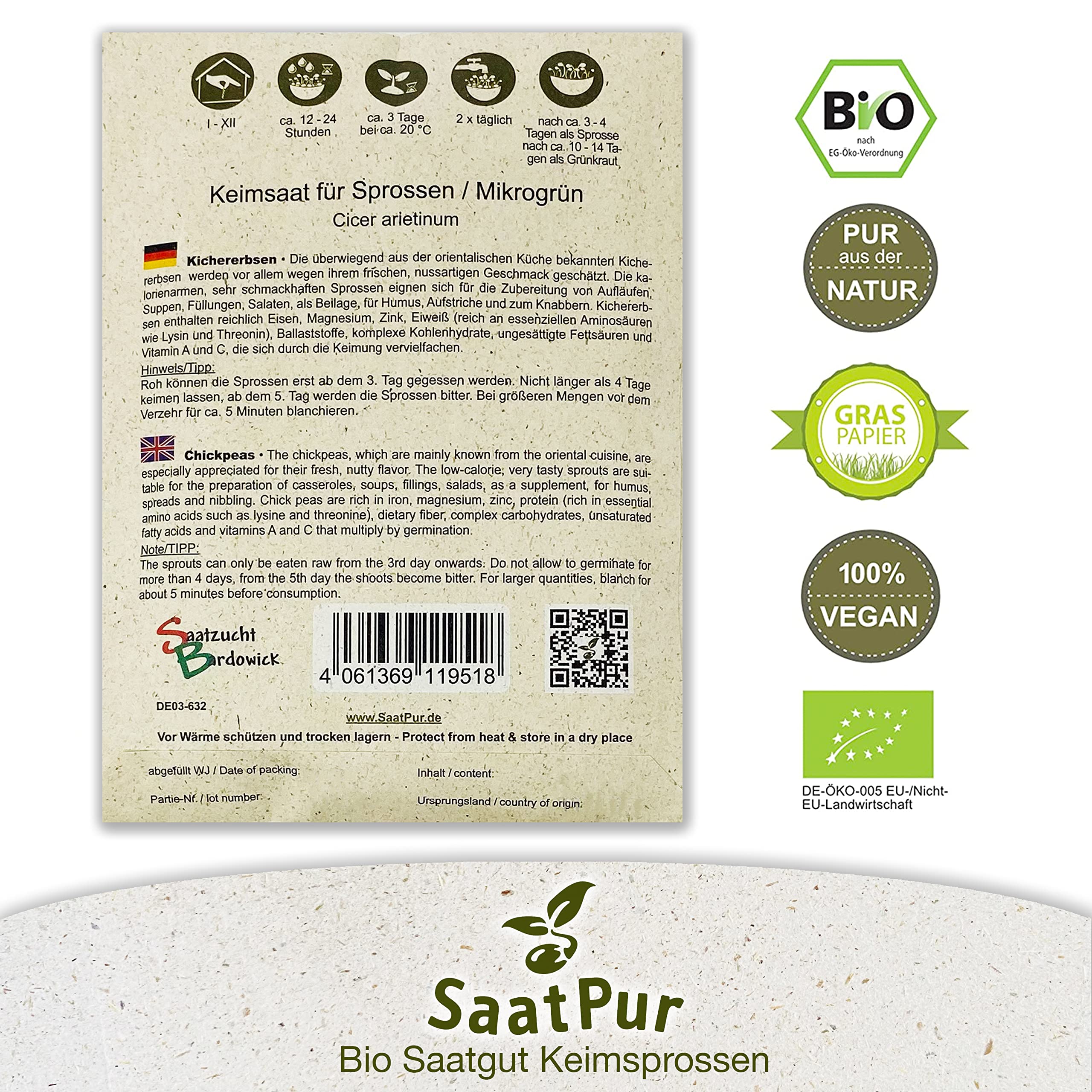 SaatPur Bio Keimsprossen - Keimsaat für Kichererbsen Sprossen - Microgreen - Großes Tray mit 20 Portionstüten je 90g