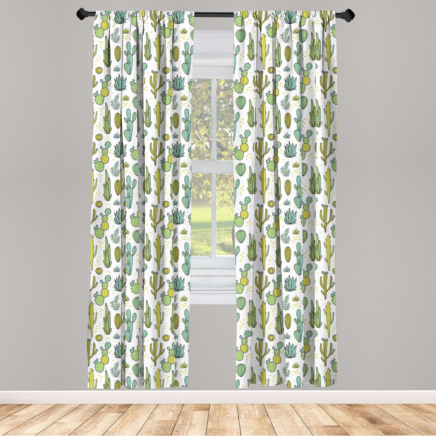 Ambesonne Cactus Curtains, Hand Draw Foliage Pattern Botanical Inspired Floral Tropical Elements, Window Treatments 2 Panel Set for Living Room Bedroom Decor, Pair of - 28" x 95", Reseda Green