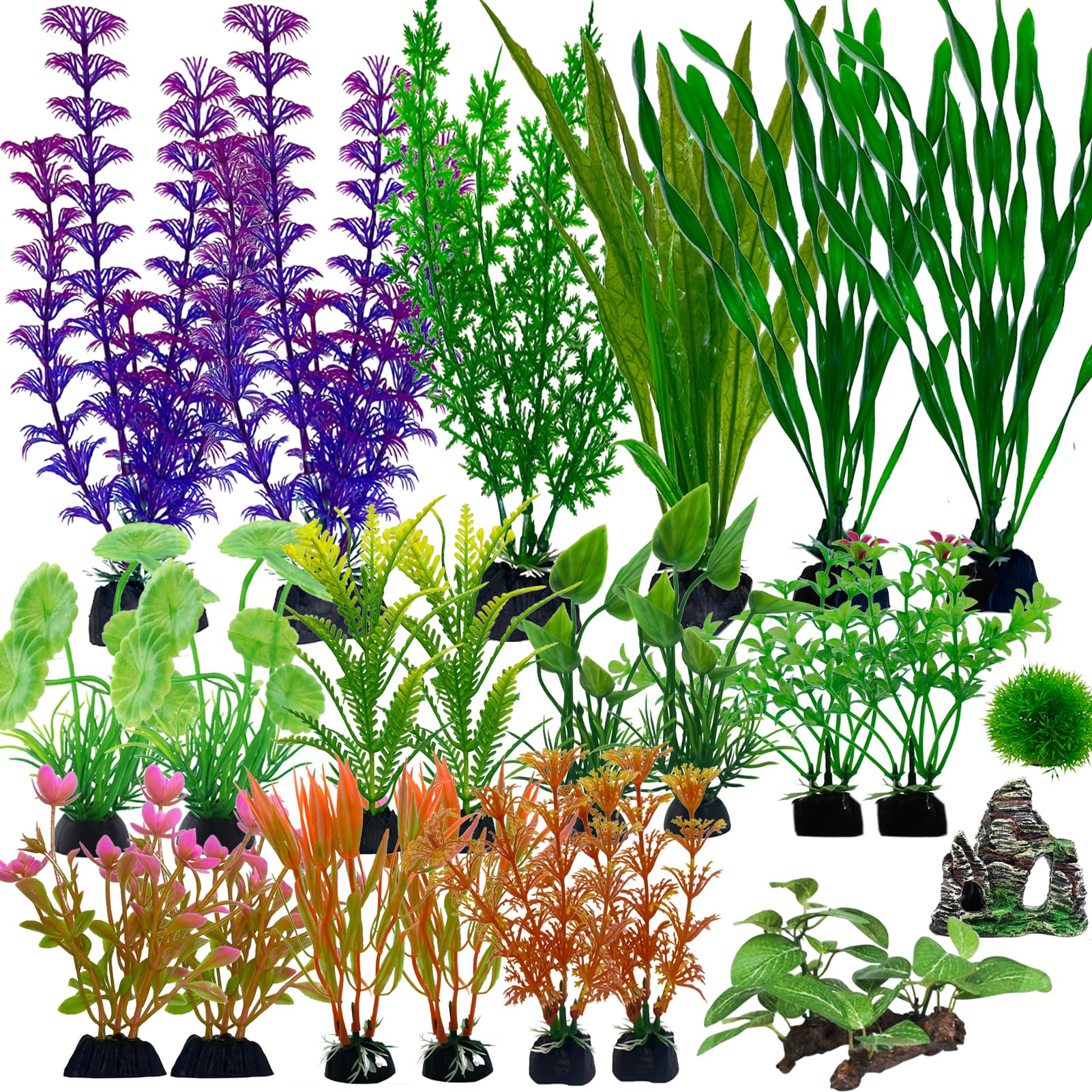 Fish Tank Decorations, 23PCS Aquarium Plants Decor, Fish Tank Plants, Aquarium Artificial Green Plastic Plants decorations, Fish Tank Accessories Plastic Water Plants, Flowers and Rockery Decorations